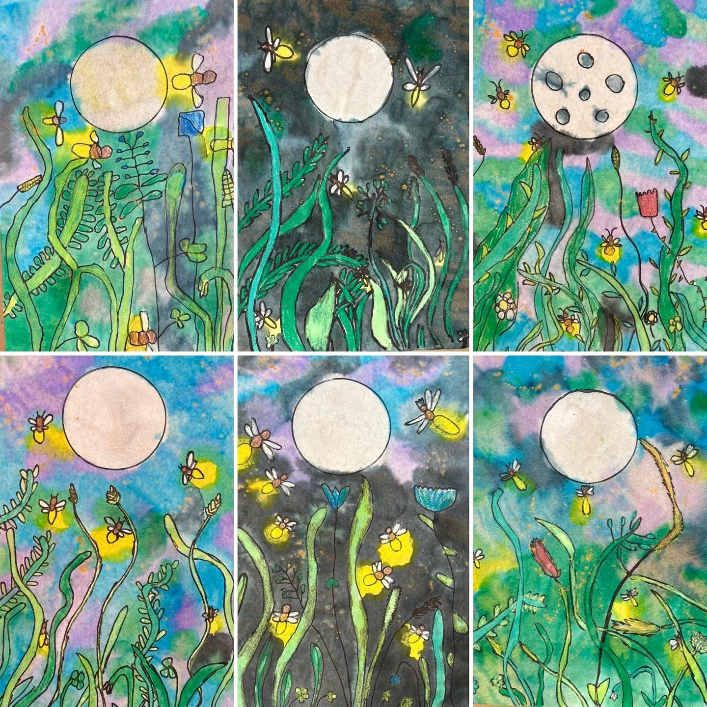 #Didyouknow that large groups of fireflies sometimes blink in unison? Firefly light can be yellow, orange, or green, and firefly eggs glow too! Today our Grade 1-3 classes used #colourdiffusingpaper to create beautiful nighttime watercolour paintings