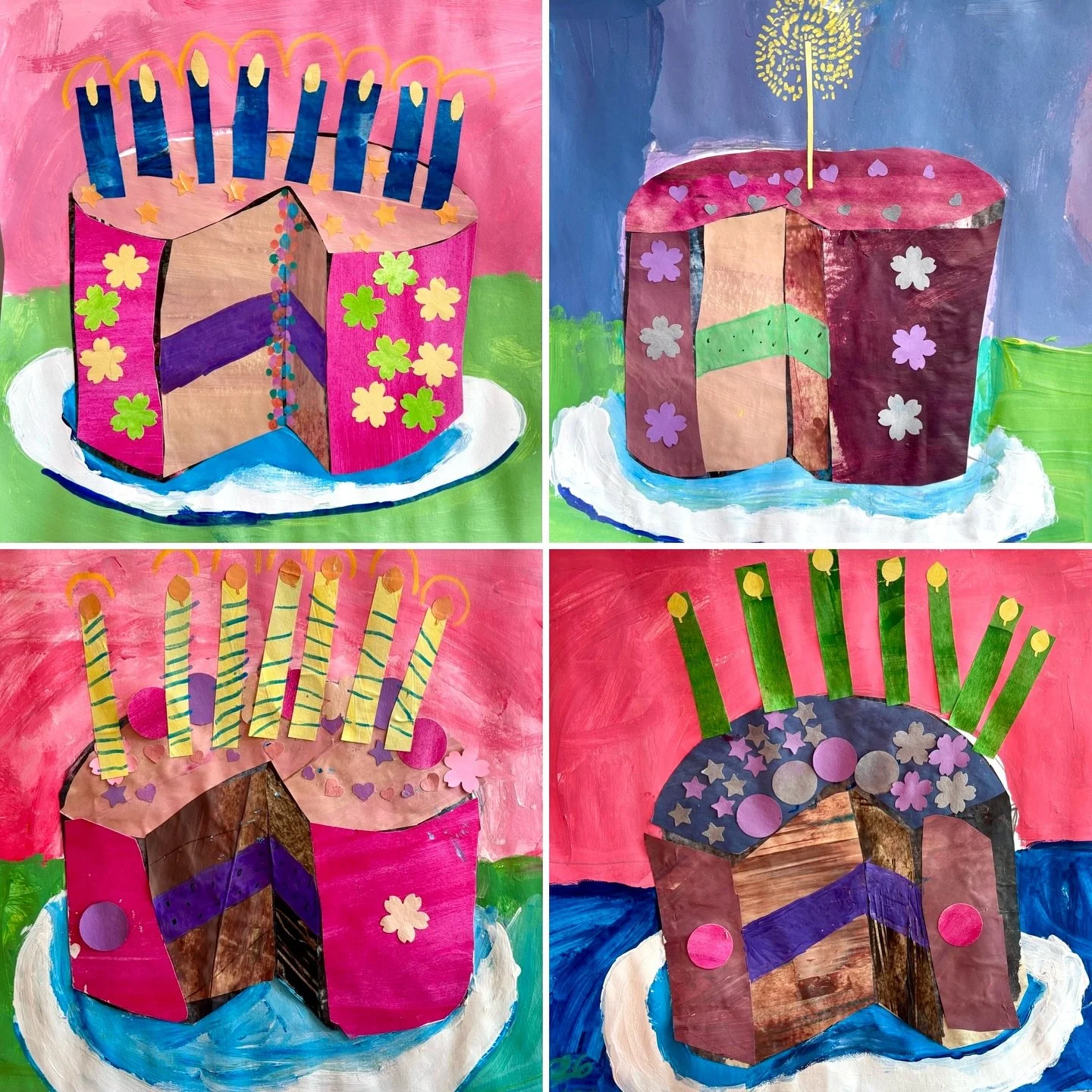 If you could have any kind of cake for your birthday, what would it be? On Tuesday, our grade 1-3 #ArtExplorations class used #paintedpaper to create beautiful birthday cake collages! These delicious cakes were made by Maya M (Gr3), Brooke C (Gr2), H