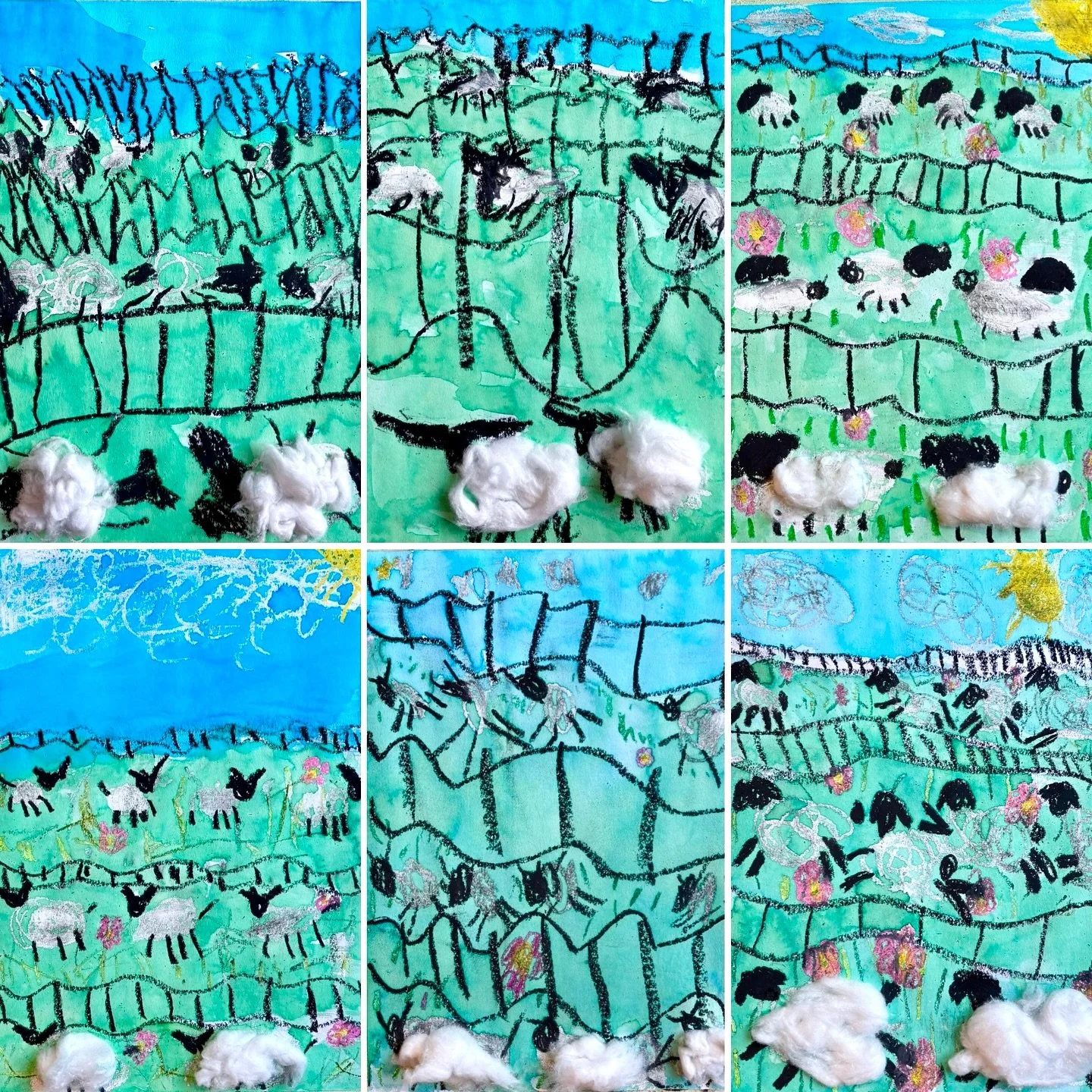 These &ldquo;lamb-scapes&rdquo; by our Tuesday and Wednesday #Startwithart #kindergartenart classes are proof that it&rsquo;s never too early to learn about perspective! For this project, we discussed how things appear smaller at a distance. We used 