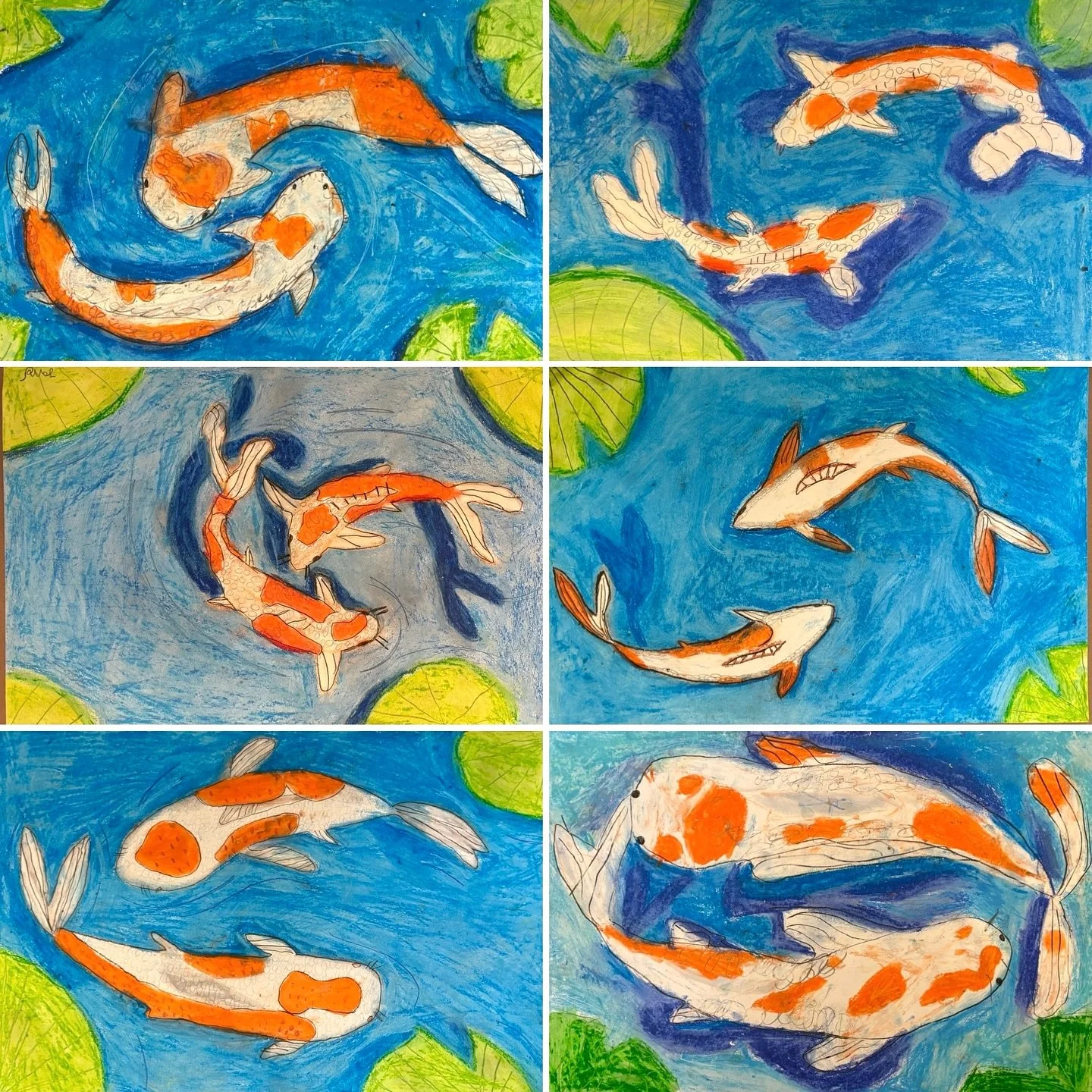 #Koifish are a symbol of perseverance, transformation, and success in folklore and mythology. They are also just plain beautiful! This week our Saturday #Drawingclass put the finishing touches on their oil pastel koi drawings. These masterpieces were