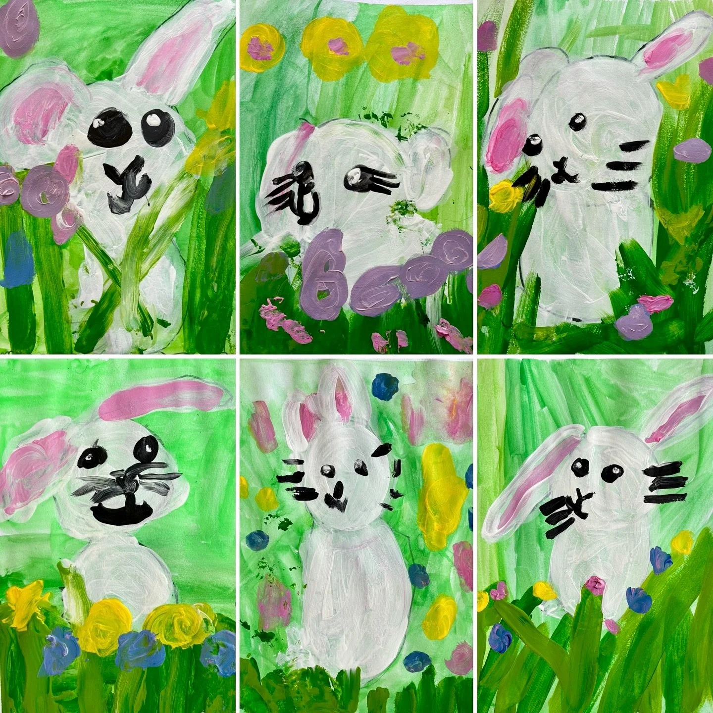 Happy Victoria Day long weekend, Canada! These adorable spring bunny paintings were made by our Monday #startwithart #kindergartenart class. For this project, we learned how to draw a bunny using simple lines and shapes. We painted our bunnies using 