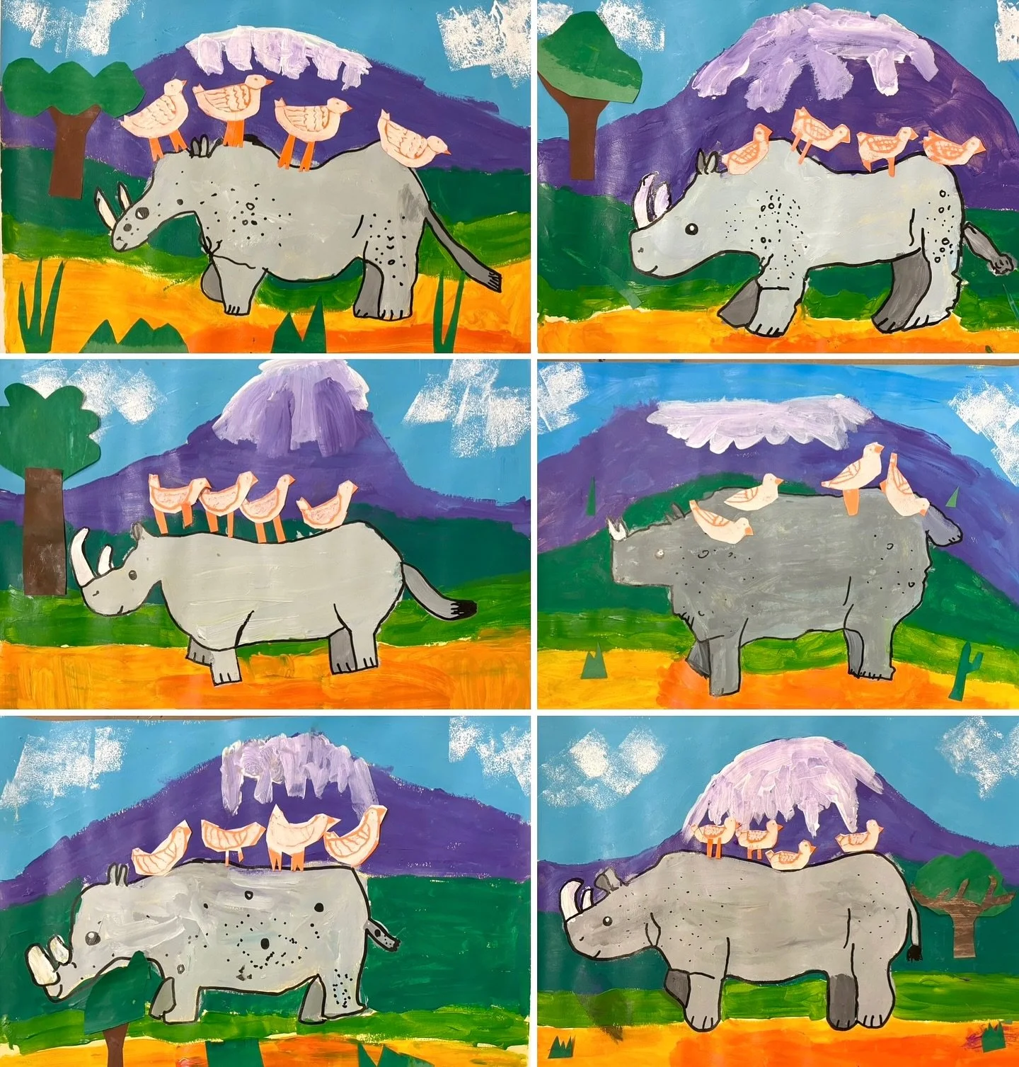 The natural world is full of beautiful symbiotic relationships. This week, our Saturday Grade 1-3 #ArtExplorations class put the finishing touches on their #rhino and #oxpecker mixed media masterpieces. For this project, we used acrylic paint and pai