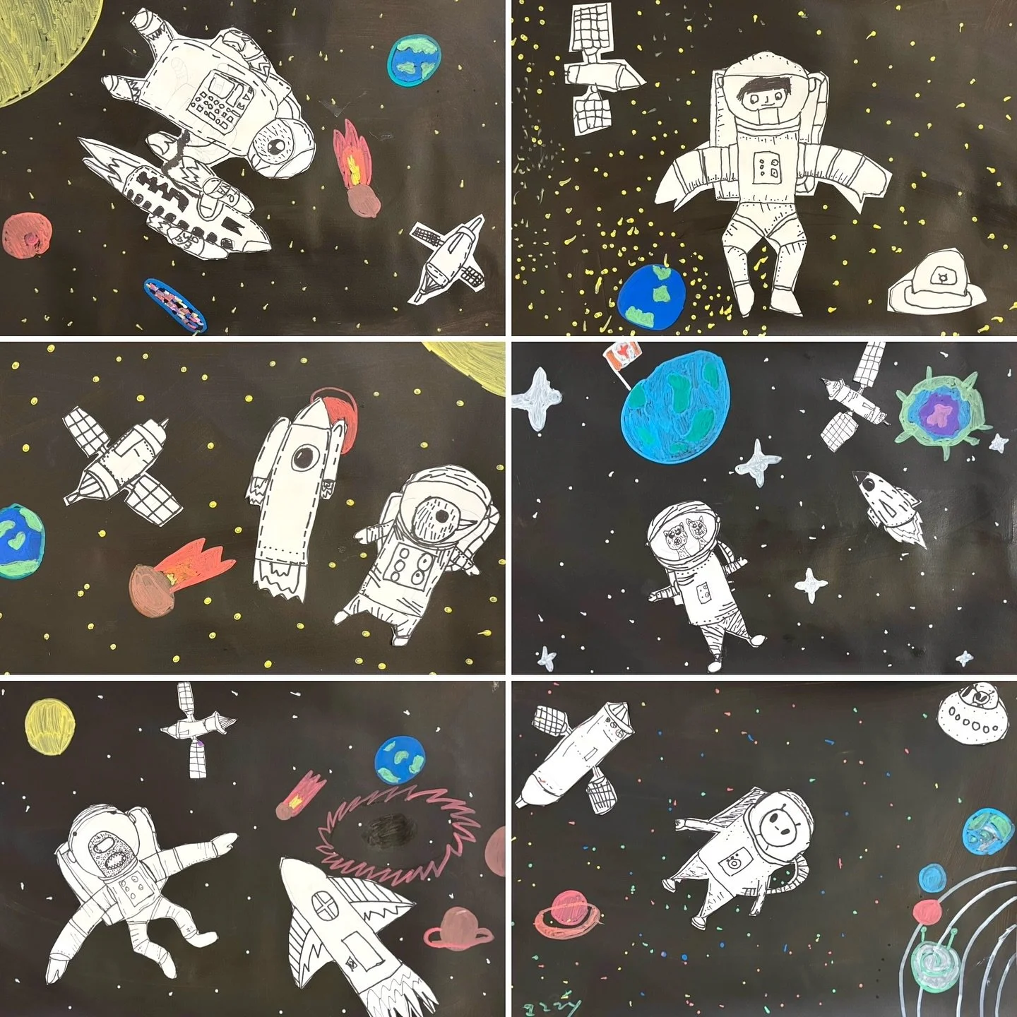 Our Grade 1-3 Drawing class blasted off to outer space today! For this project, we learned how to draw an astronaut&rsquo;s space suit, a rocket ship, and a satellite. We then learned how to use pen shading techniques to make our drawings come to lif