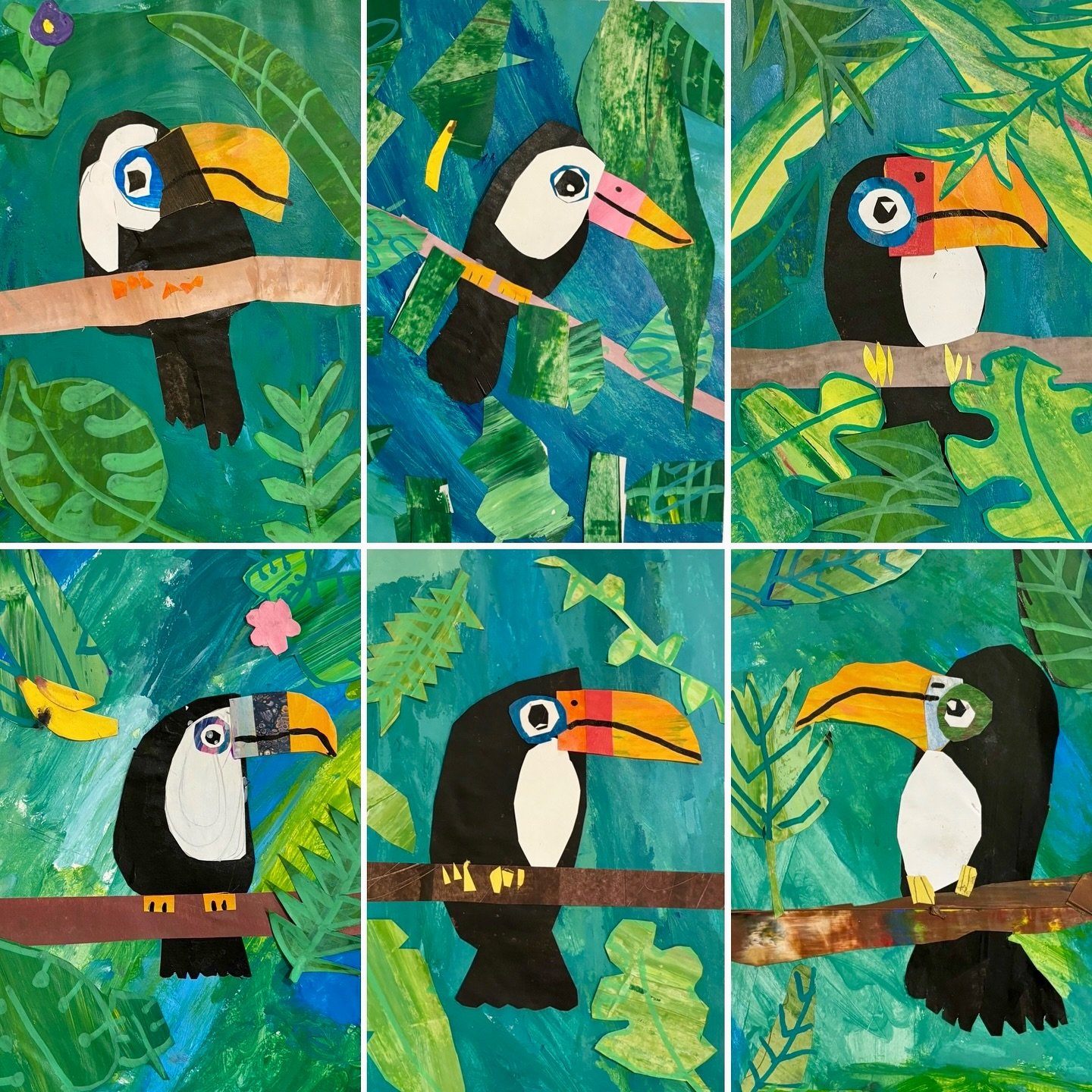 #Didyouknow that #toucans use their long, colourful beaks to dine on difficult-to-reach tropical fruit? Their beaks can be up to 4 times the size of their head! Our Saturday Grade 1-3 #ArtExplorations class used painted paper to create these beautifu