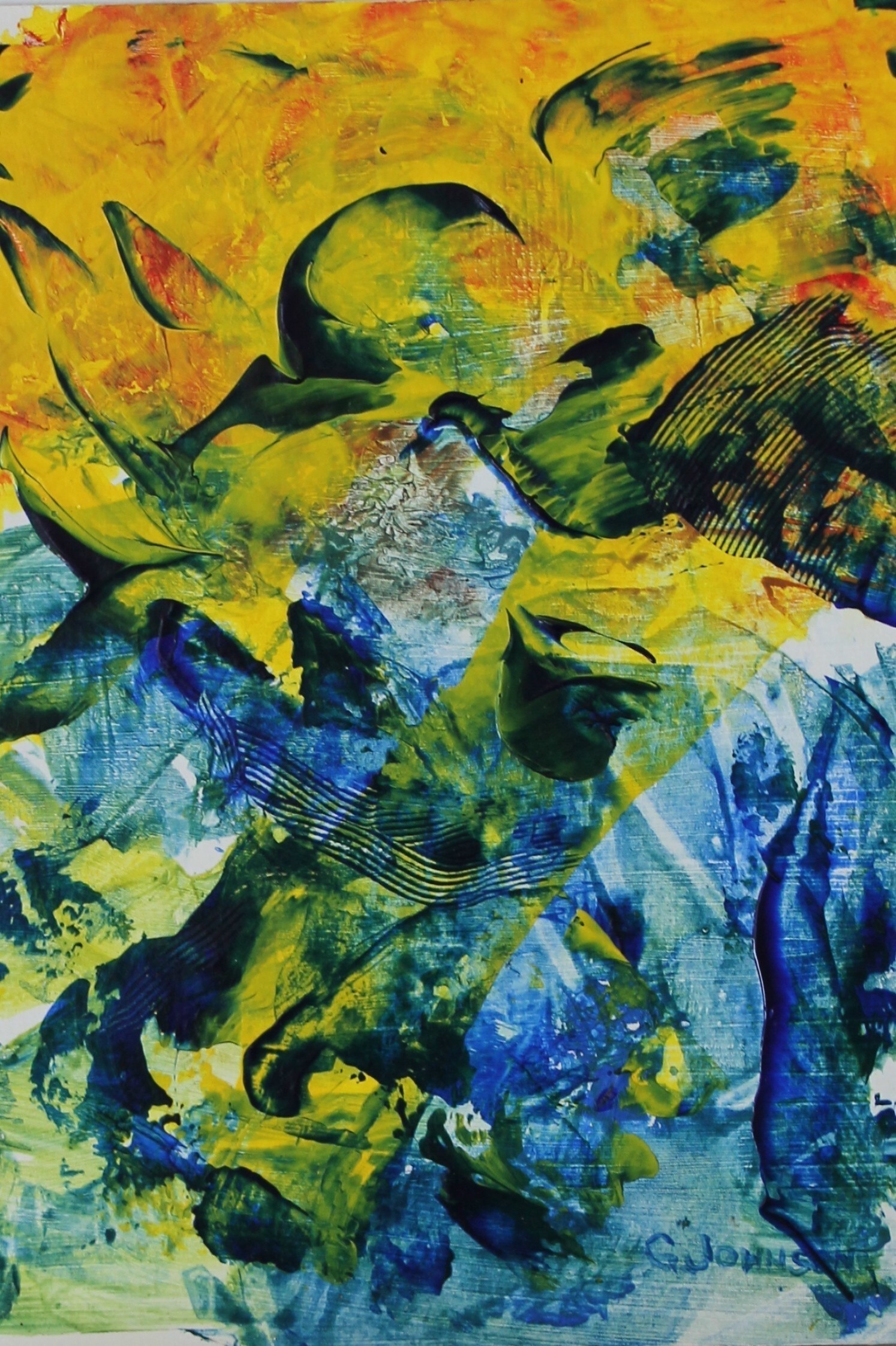 Birds in Flight. Acrylic abstract on Illustration Board, 6 X 7. Framed -$150