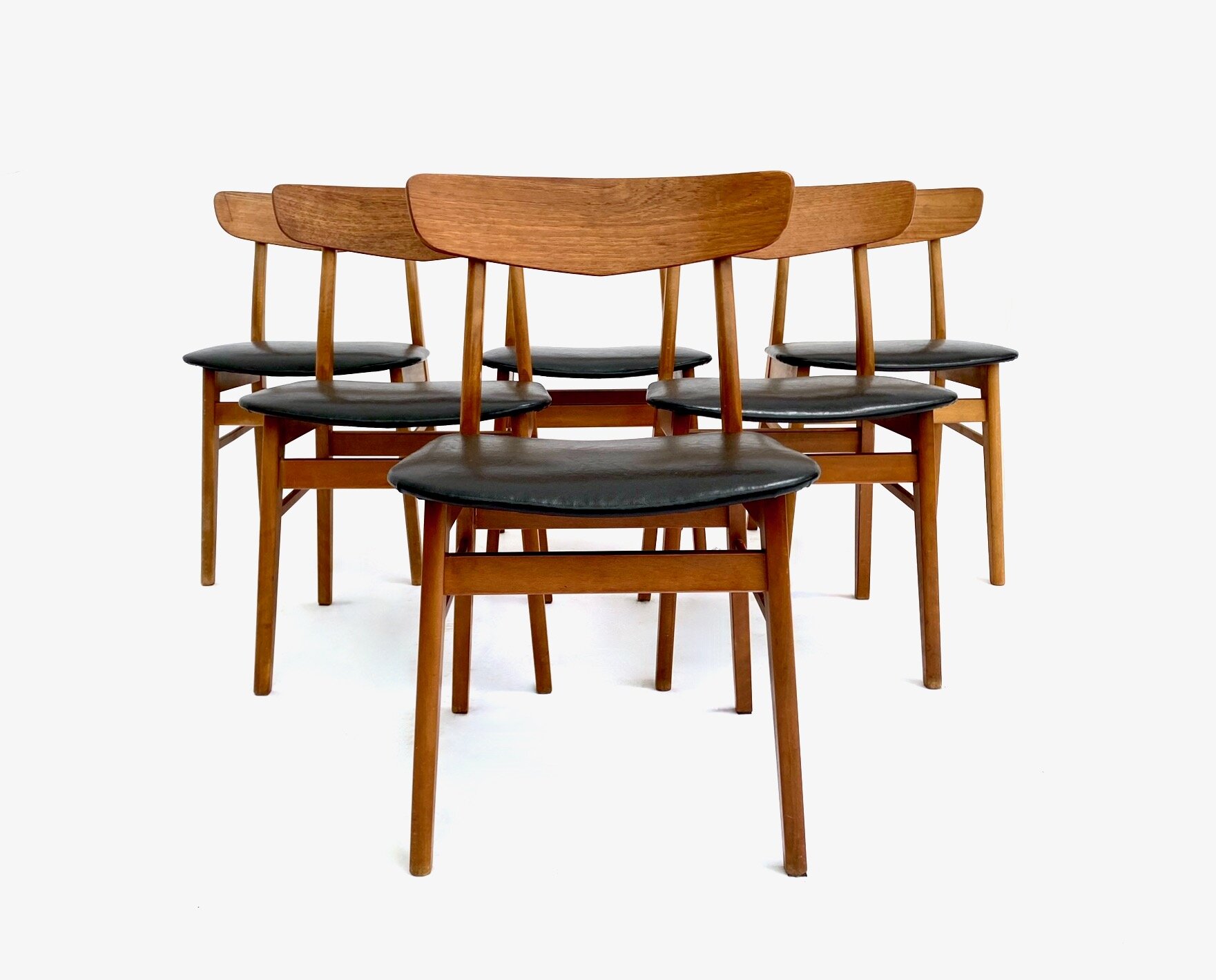 Danish Farstrup Set of 6 Teak & Black Vinyl Dining Chairs Mid Century 1960s