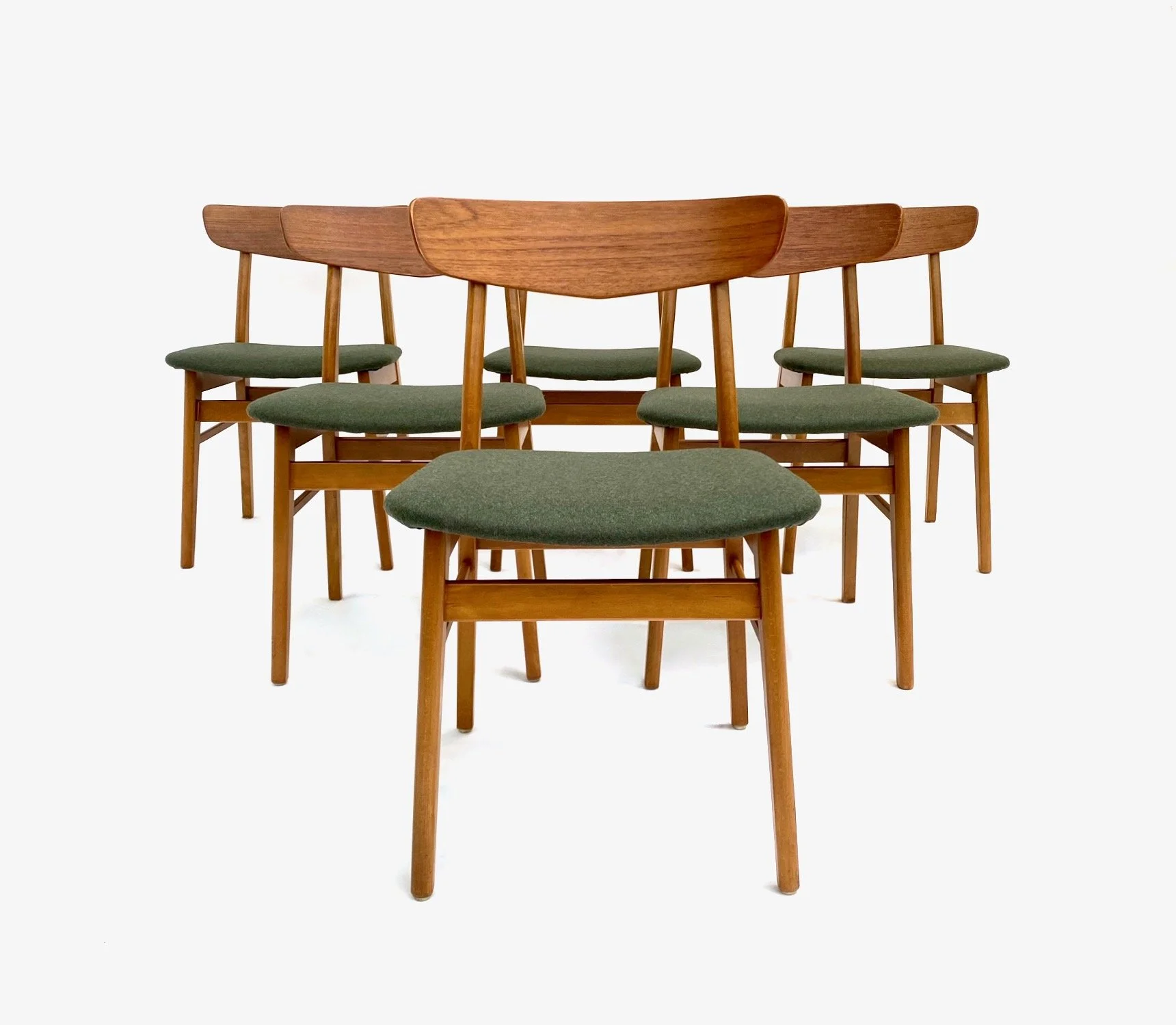 Danish Farstrup Set of 6 Teak and Beech Green Wool Dining Chairs 1960s