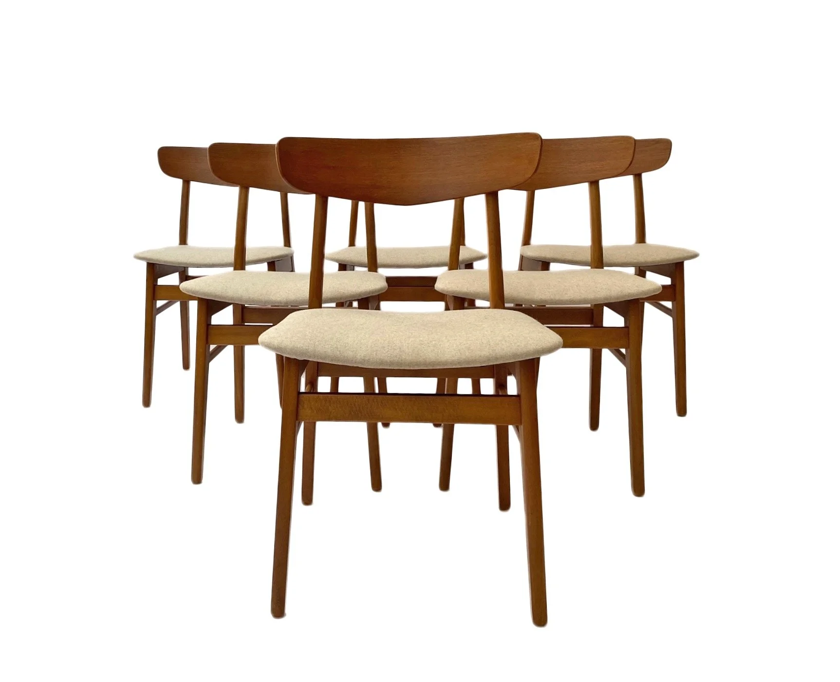 Danish Farstrup Set of 6 Teak and Beech Cream Wool Dining Chairs 1960s