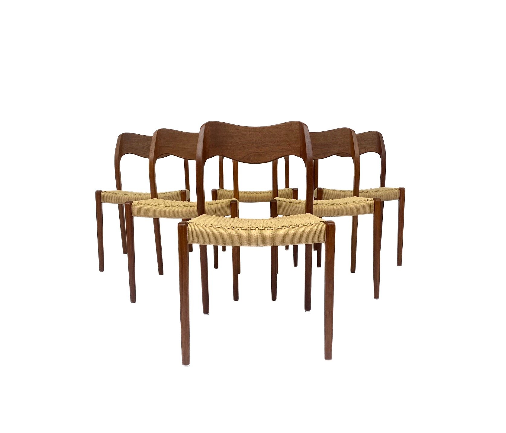 Danish Niels Møller Model 71 Teak and Paper Cord Set of 6 Dining Chairs Mid Century 1950s
