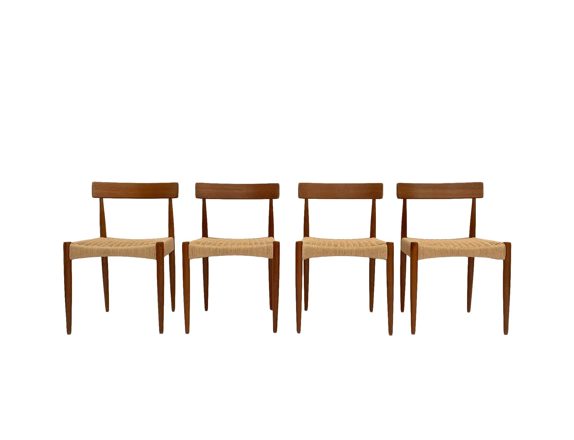Danish Arne Hovmand-Olsen Set of 4 Teak and Paper Cord Dining Chairs Mid Century 1960s