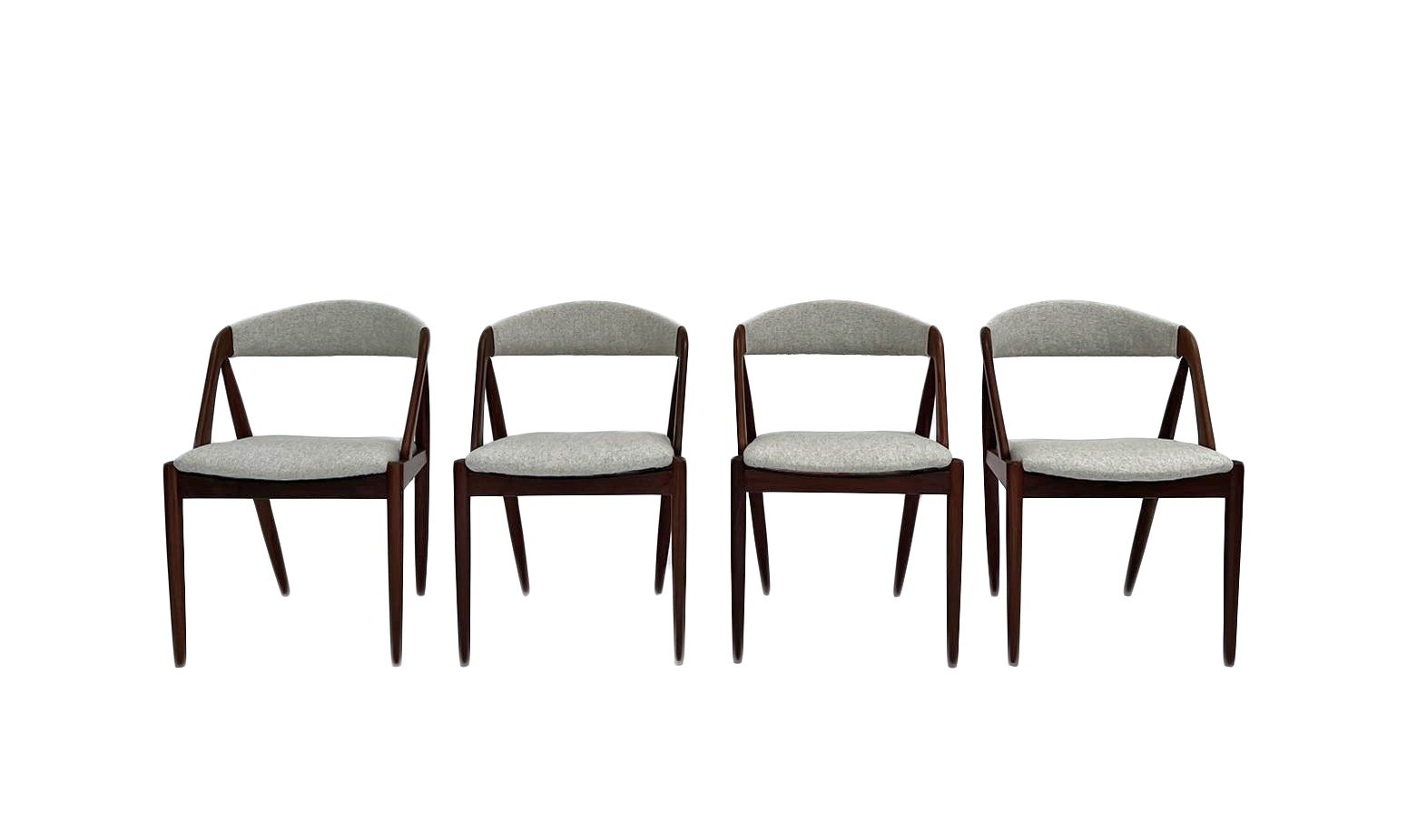 Danish Kai Kristiansen Set of 4 Model 31 Teak and Light Grey Wool Dining Chairs Mid Century