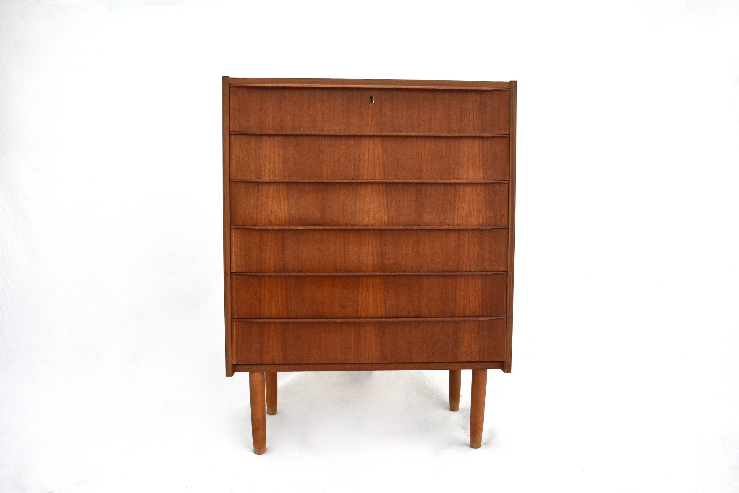 Danish Teak Chest of Drawers Scalloped Handles Mid Century Tallboy