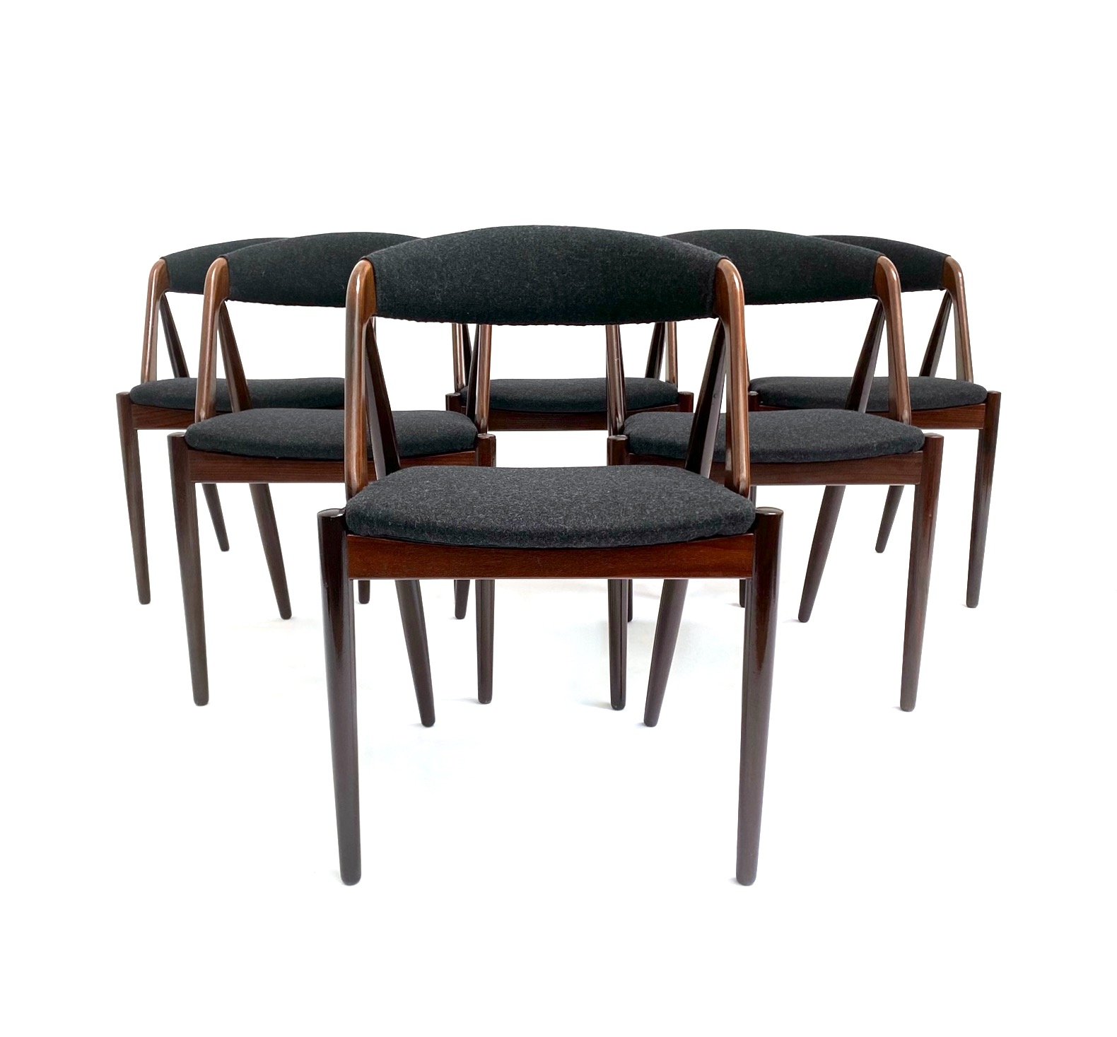 Danish Kai Kristiansen Set of 6 Model 31 Teak and Charcoal Black Wool Dining Chairs Mid Century