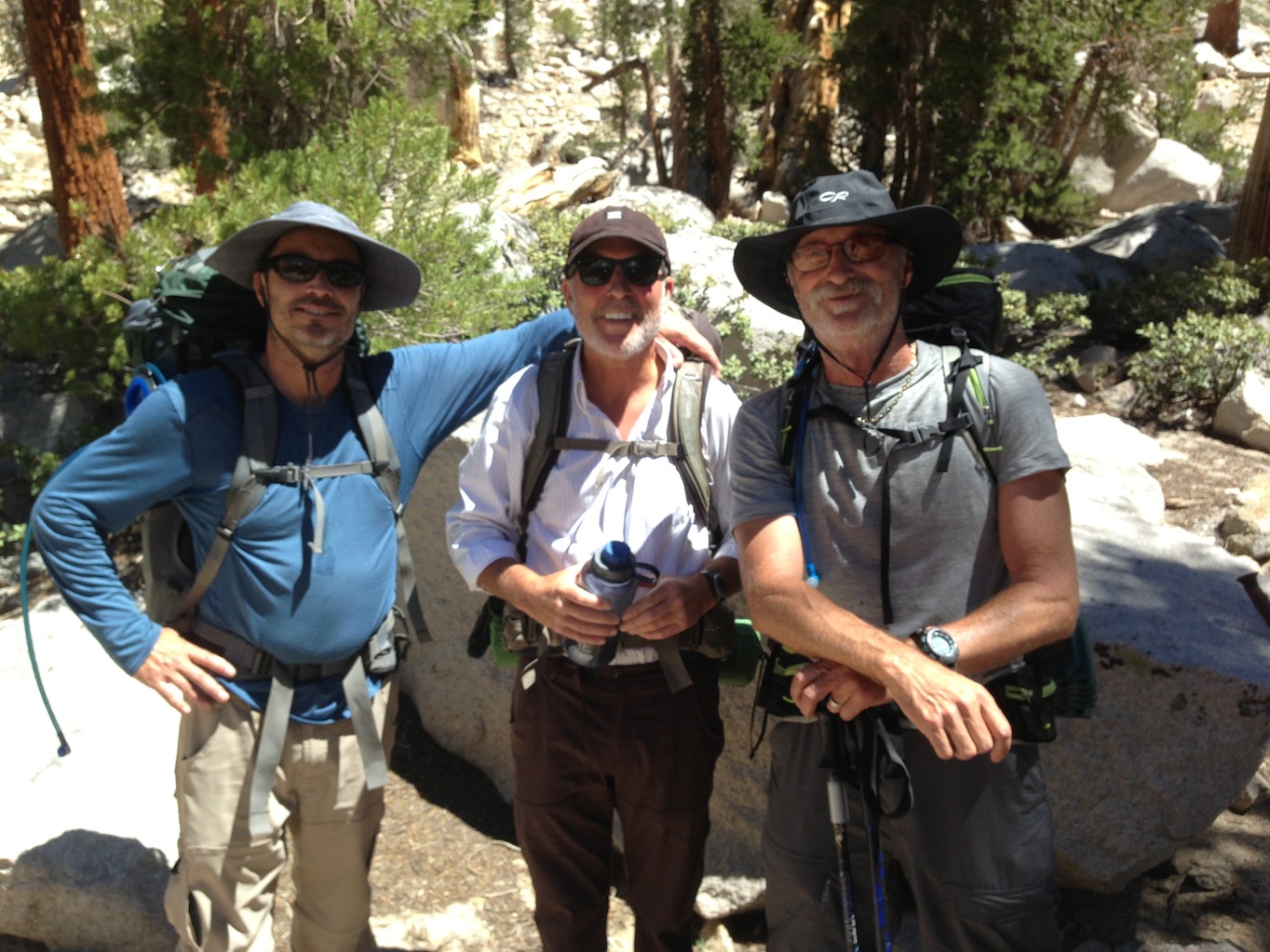 JMT: Northbound hikers Mike, Glenn and Mark near Gilbert Lake on way over Kearsarge Pass on July 3