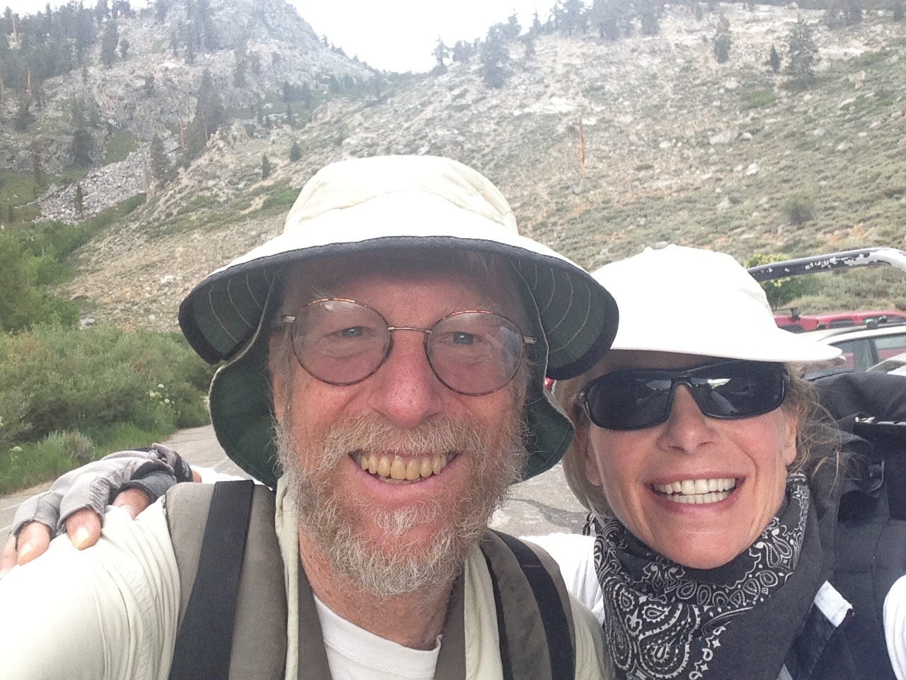 Dr. John Wehausen, founder of the Sierra Nevada Bighorn Sheep Foundation, and Strider on their way to Kearsarge Pass on a blustery July day.
