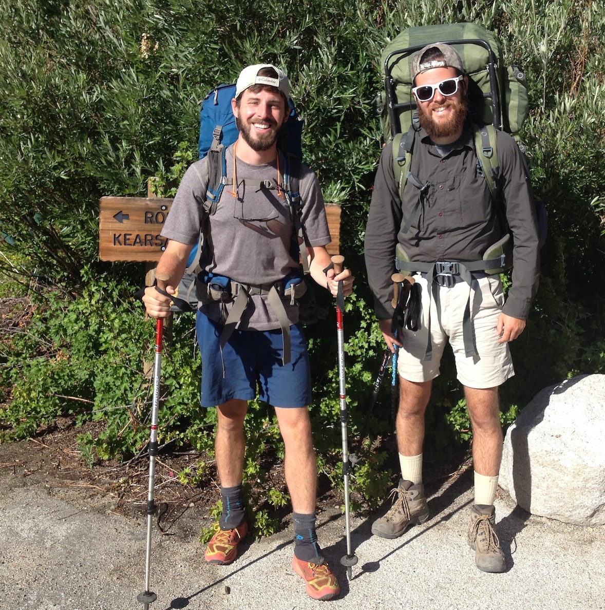 JMT hikers Jeremy and Quinn have good reason to be happy -- they got ahead of schedule and came out for a break at the Base Camp and missed some serious July weather in the high Sierra.