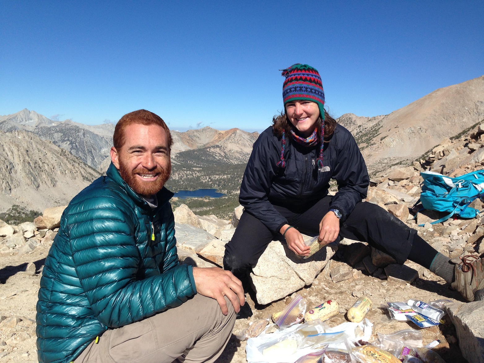 JMT hikers Adam and a happy friend on Kearsarge Pass on July 21.