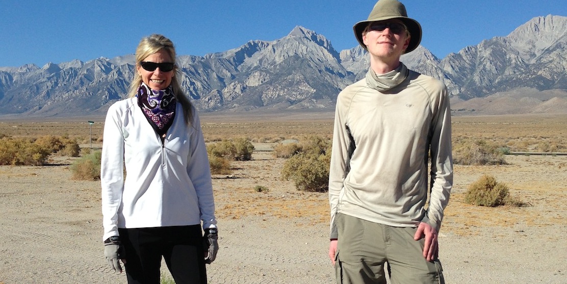 Strider and Andy, a section hiker from Seattle, at the Base Camp with Mt. Williamson in the background.