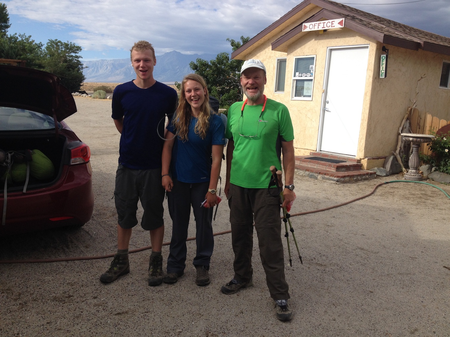 British JMT hikers Richard and Elena and father Gordon at the Base Camp before heading back up to the trail