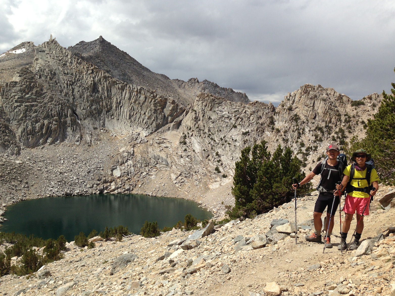 Singapore hikers Eugene and KK above Upper Pothole Lake on their way back to the JMT.