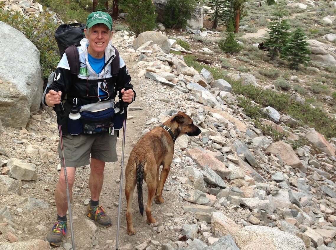 Jane, a 78-year-old hiker from Portland, Ore., with Indy. She is headed over Kearsarge Pass to Mt. Whitney. Jane's trail name is TOB -- Tough Old Broad!