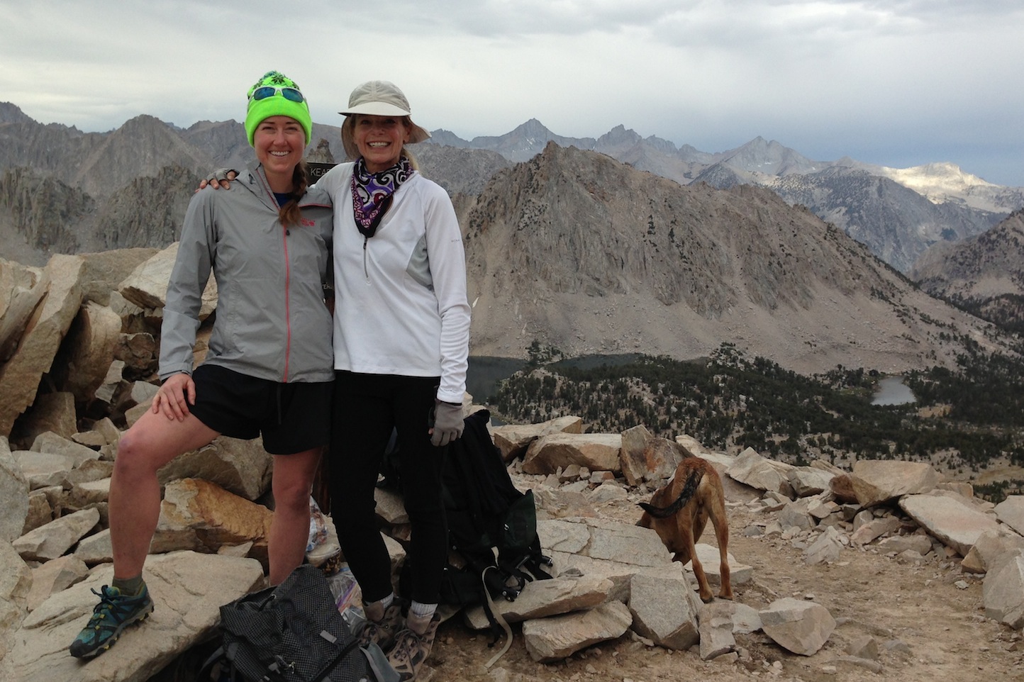 JMT hiker Pam with Strider and Indy on Kearsarge Pass on a cool, rainy July 30th.