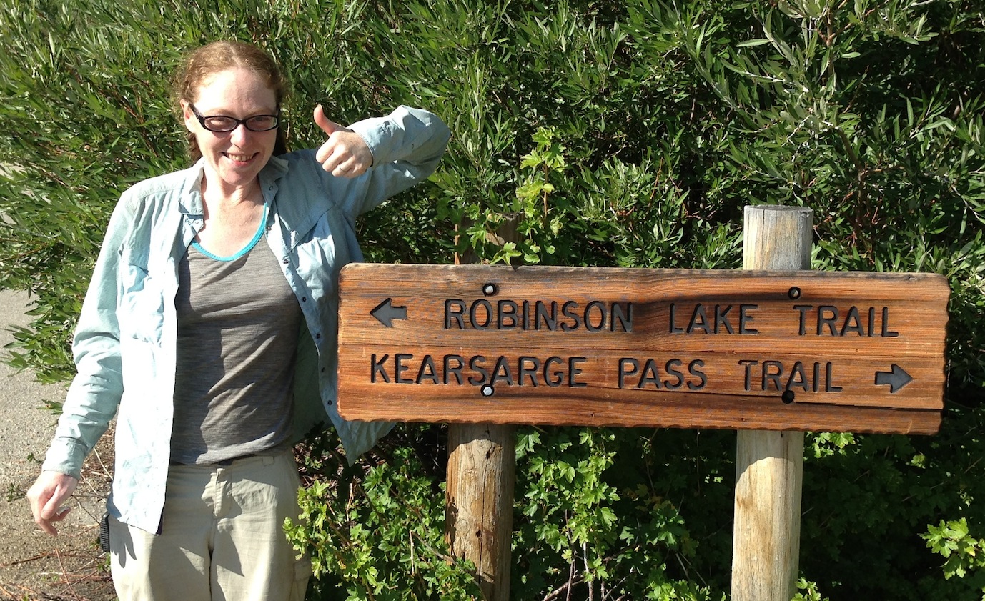 JMT hiker Ruby from Oakland can't wait to head up and over Kearsarge Pass after waiting out some nasty weather at the Base Camp.