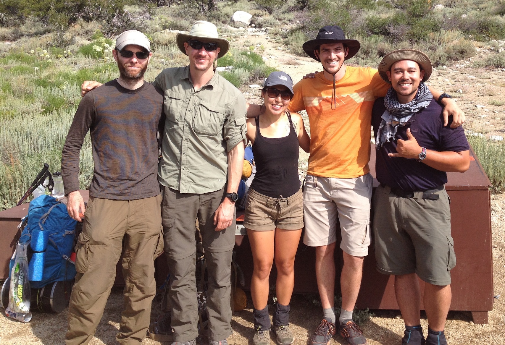 James and Josh from Austin, Texas, and SF Bay Area hikers Naomi, Jerry and Leon are ready to head over Kearsarge Pass and finish the JMT after staying at the Base Camp in Independence.