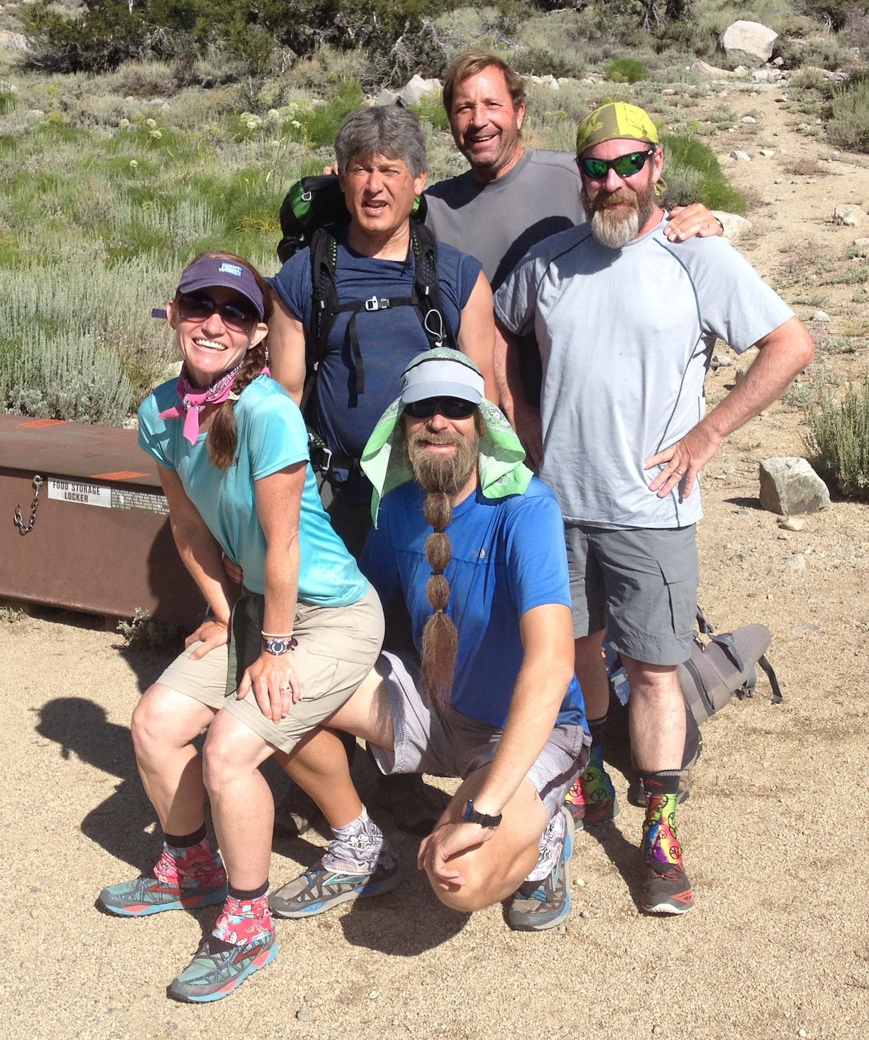 JMT hikers Sweet Pea, Beardo, Mike, Tom and Mace ready to resume their Mt. Whitney adventure