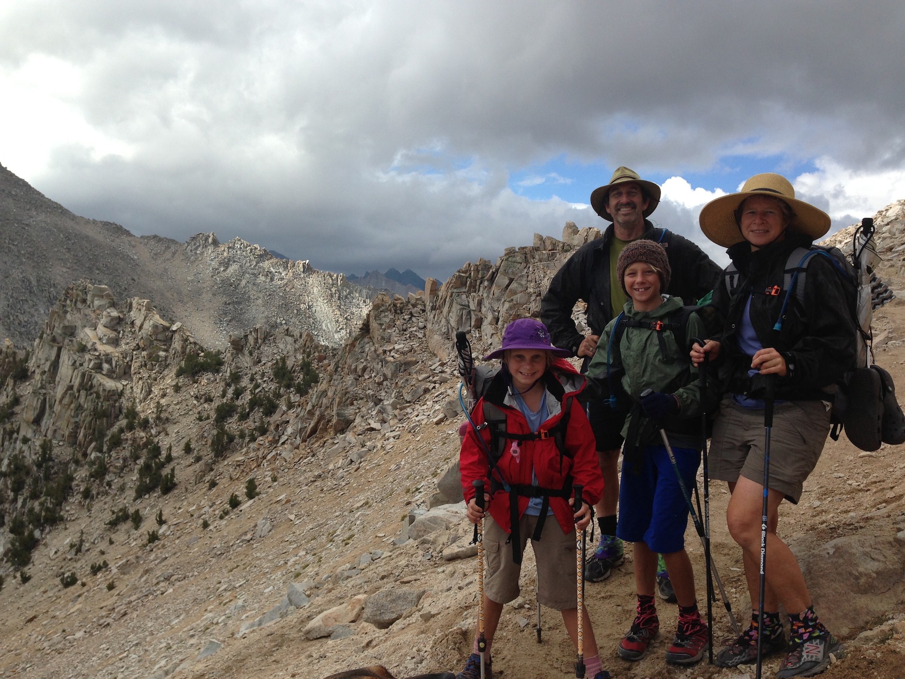 The Umstead family near the top of Kearsarge Pass on their way down to the Base Camp to resupply and recharge. This is their second JMT -- NOBO this time!