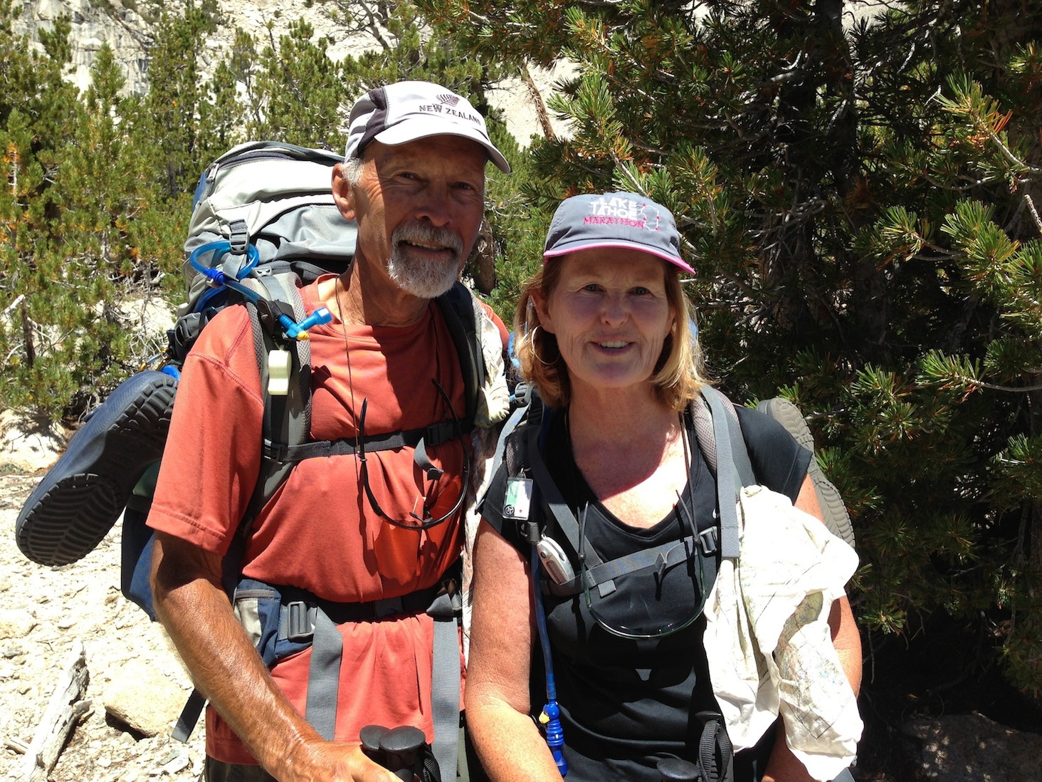 JMT hikers Jeff and Kathy from San Rafael look strong on Aug. 16 on their way up Kearsarge Pass and over Whitney. 