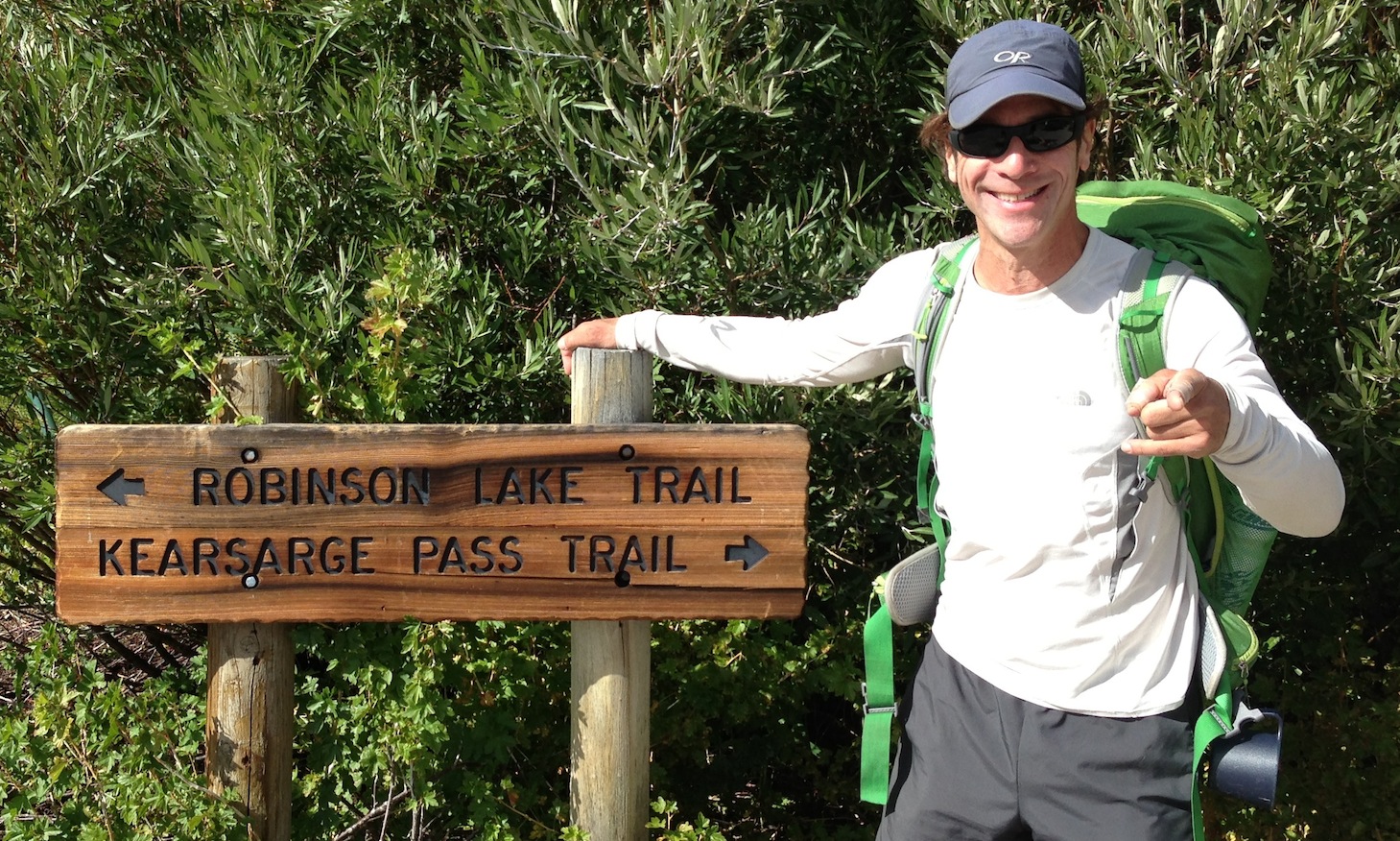 JMT hiker Jesse from Petaluma has a song in his heart and a light pack on his back as he gets ready to fly up and over Kearsarge Pass on August 19.