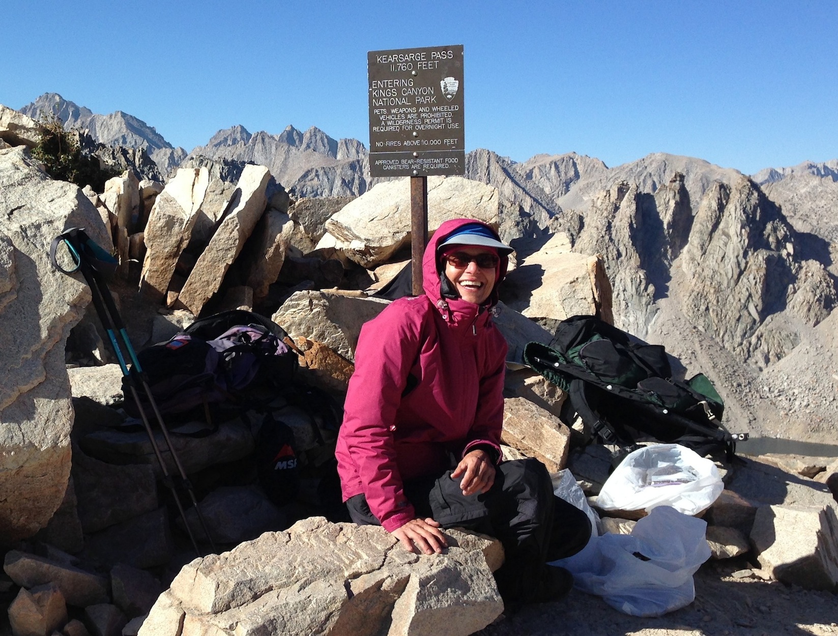 Christiane from D.C. on Kearsarge Pass on her way to Mt. Whitney -- and then the Base Camp!