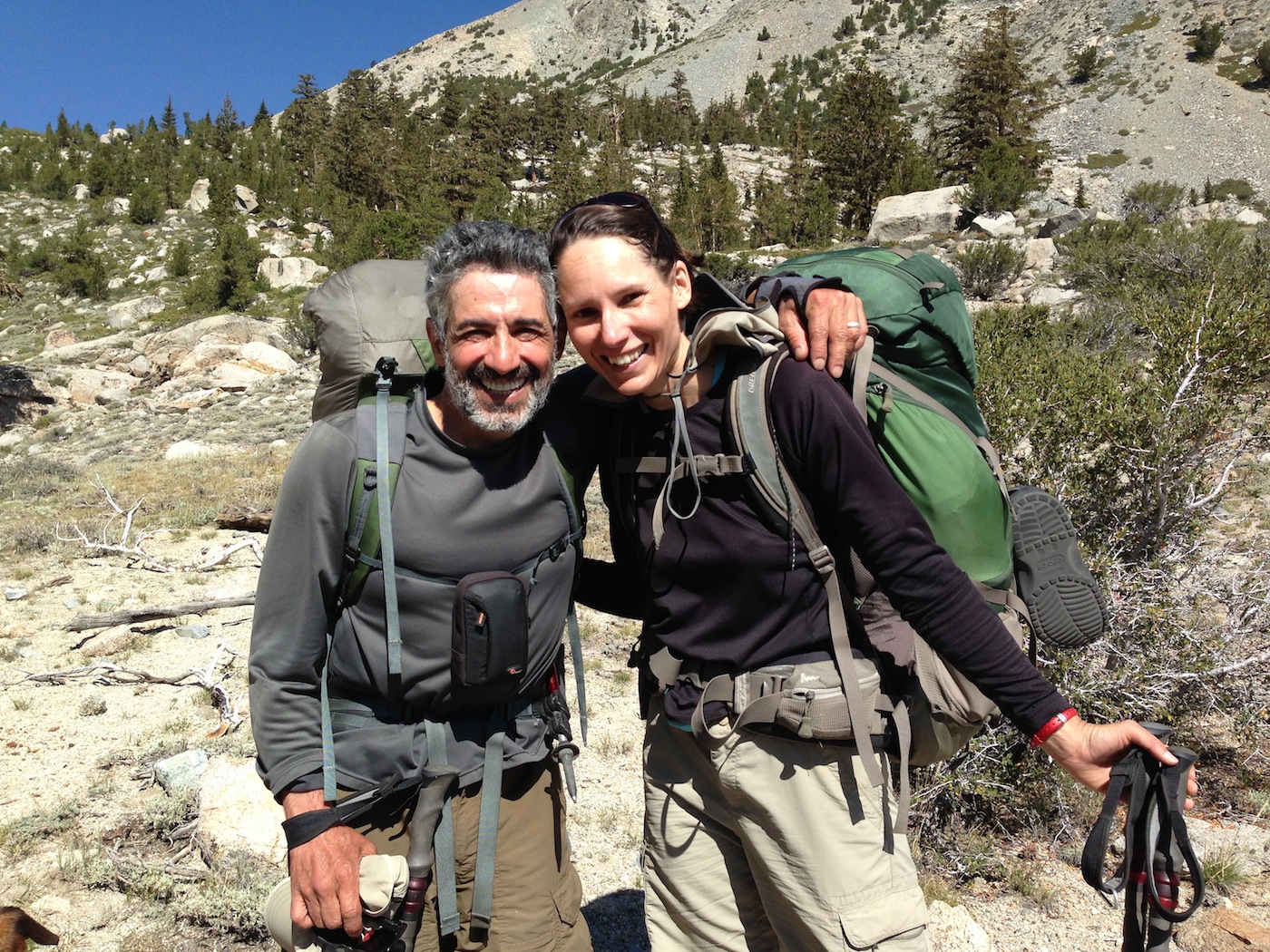 JMT hikers Ehsan and Kate from Chicago are radiant as they head up to Kearsarge Pass on Aug. 22