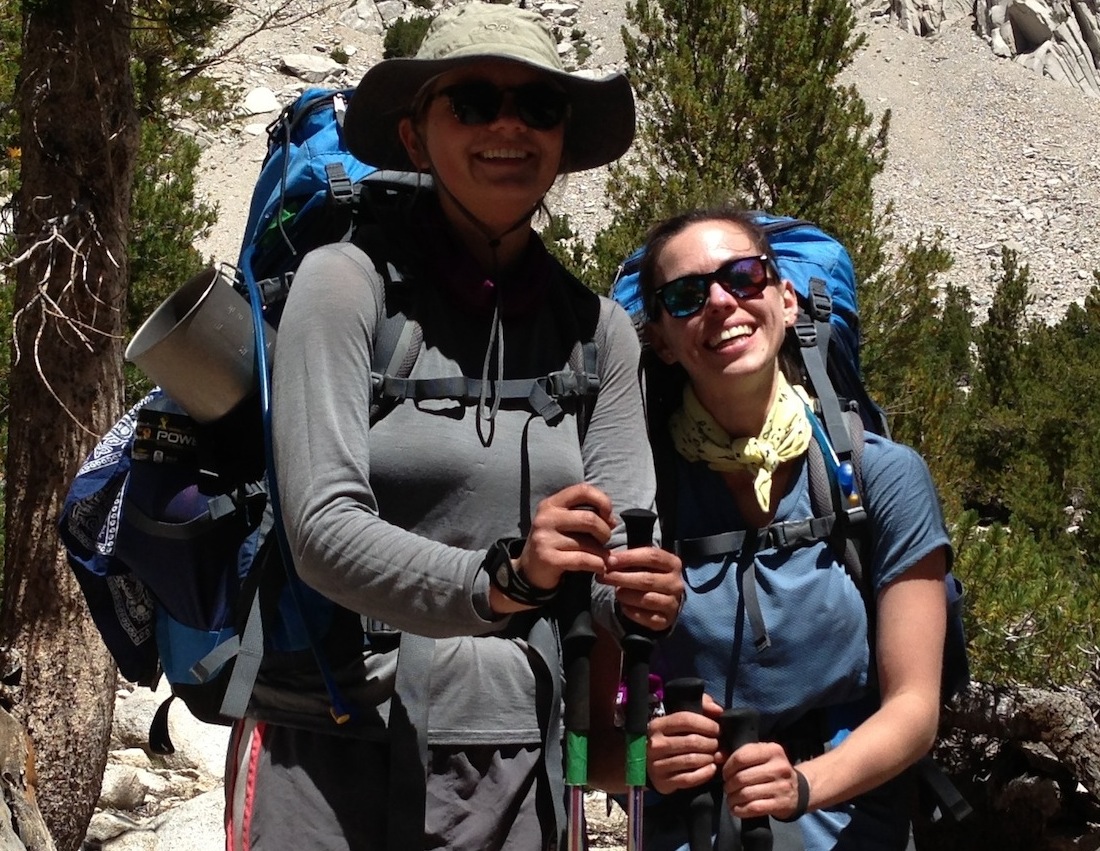 JMT hikers Erin and Sara on their way back up to Kearsarge Pass after a resupply stay at the Base Camp.