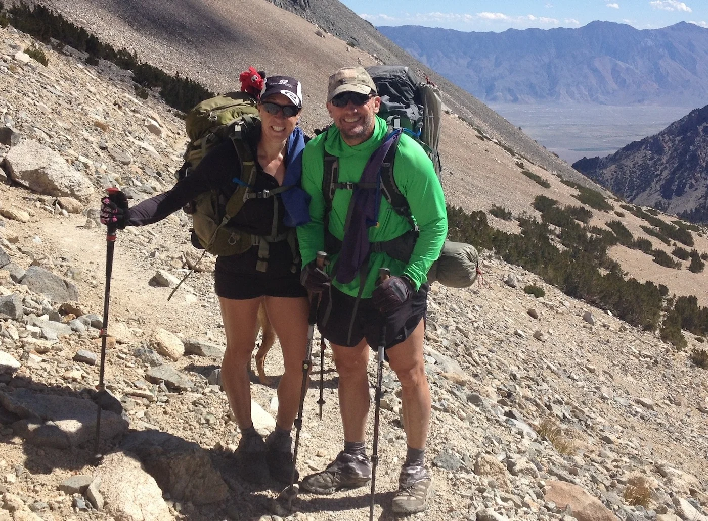 JMT hikers Beth and Tom from Vista, California, pause just below Kearsarge Pass on their way to Mt. Whitney after two relaxing days at the Base Camp.