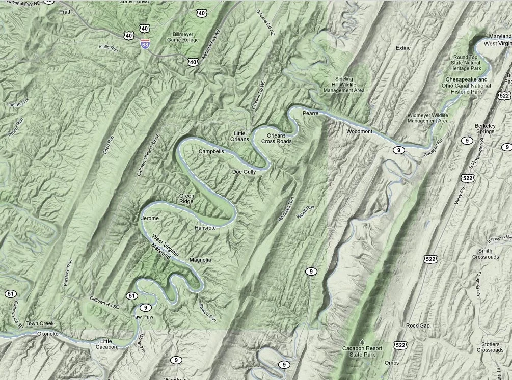The Paw Paw Bends entrenched meanders along the Potomac River