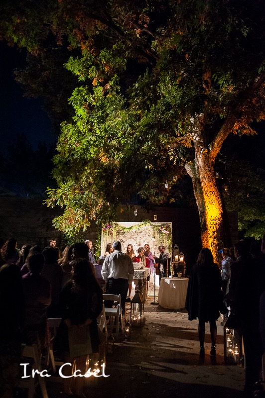 Photo by Ira Casel. Birch wall, ceremony lighting, and mason jar installation by Eggsotic Events