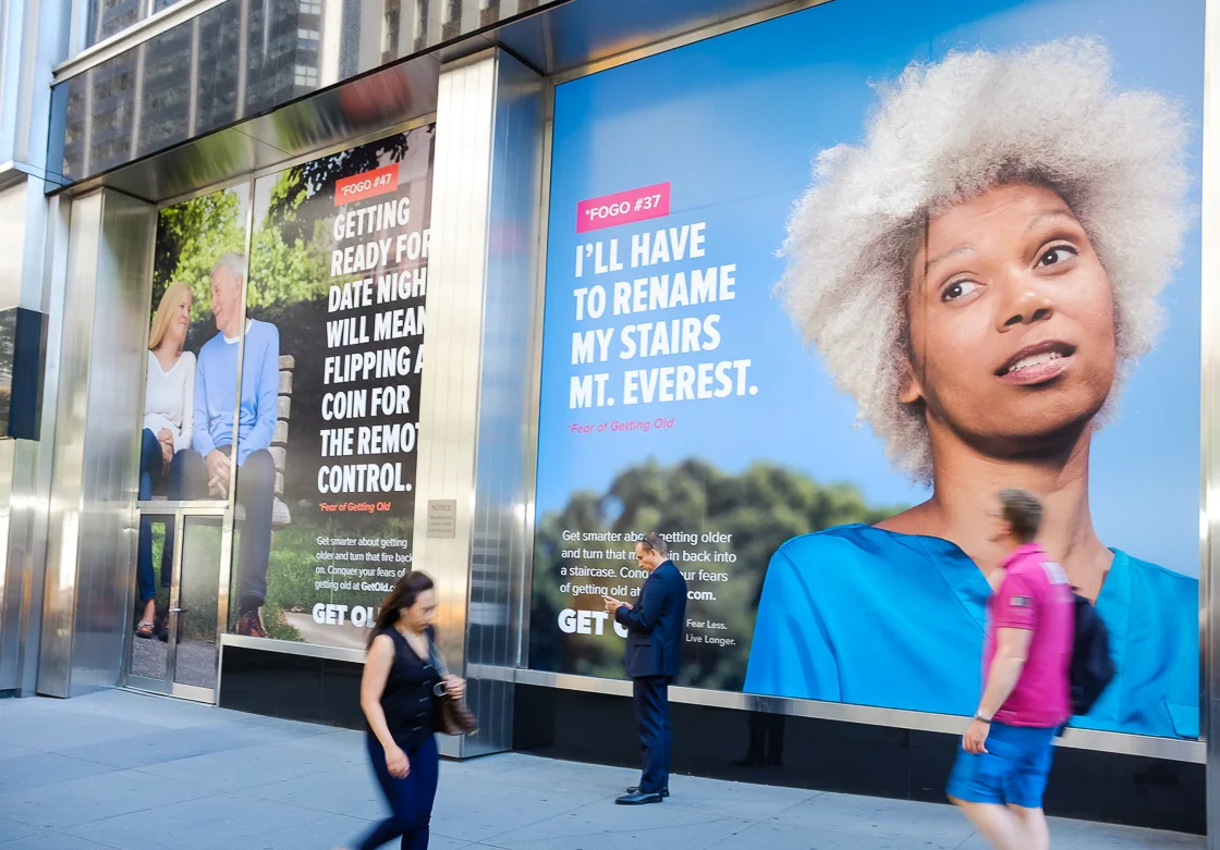 Image from the Pfizer Get Old campaign at Pfizer Worldwide headquarters in midtown Manhattan, a block from Grand Central Station. 