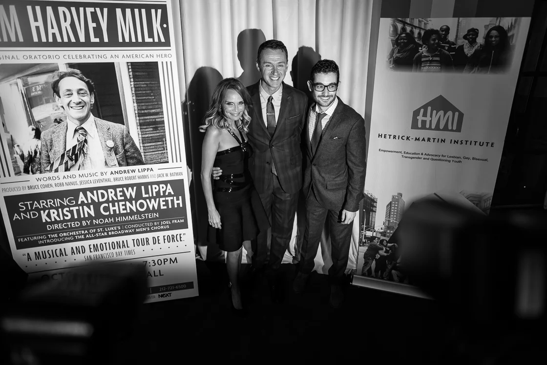 Kristin Chenoweth, Andrew Lippa, and director Noah Himmelstein at the ' am Harvey Milk' after party. 