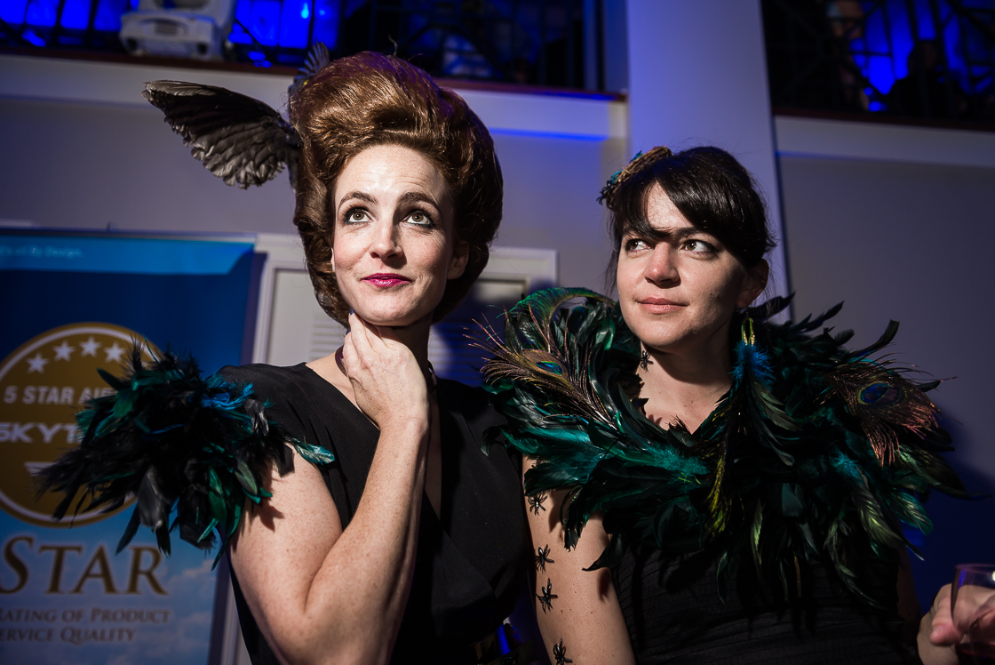 S&R Foundation COO Kate Goodall (left) and her friend Melissa B. sported serious aviary attire. 