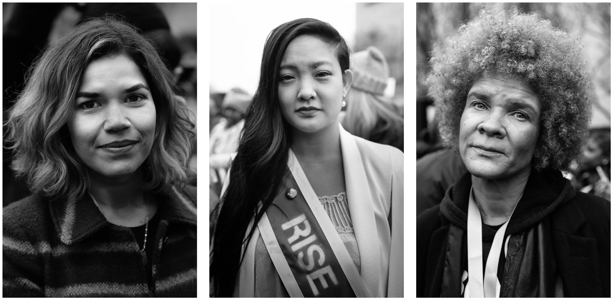 Actress America Ferrera, Rise founder Amanda Nguyen, and activist Angela Davis at the 2017 Women's March on Washington.