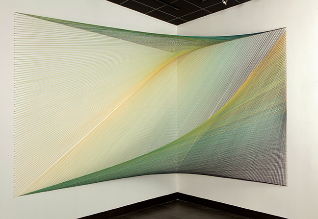Fluctuation , 2014 Clff Gallery Mountain View College Dallas, Texas 98" x 129" x 90" Stretched thread on wall Photograph Credit: Kevin Todora