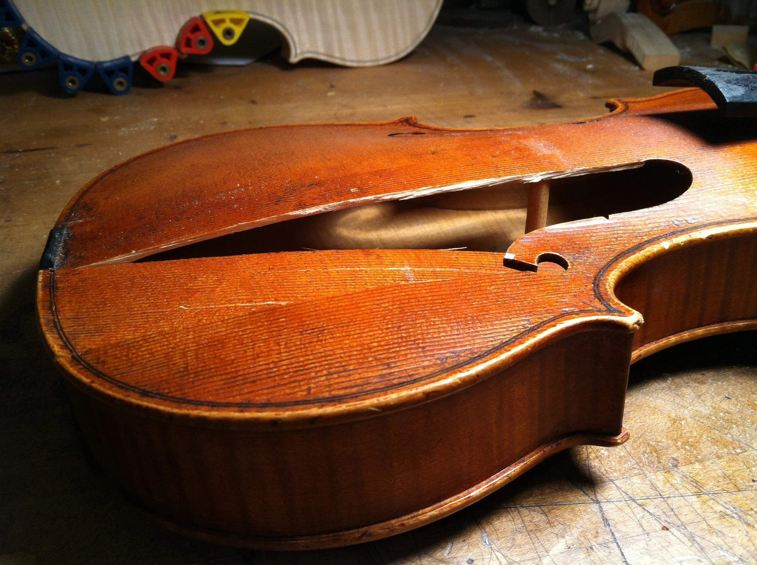  These are some photos of a repair project on a beautiful violin made by Viseltear and Young that I completed recently. &nbsp;As you can see the, the front was pretty badly damaged 