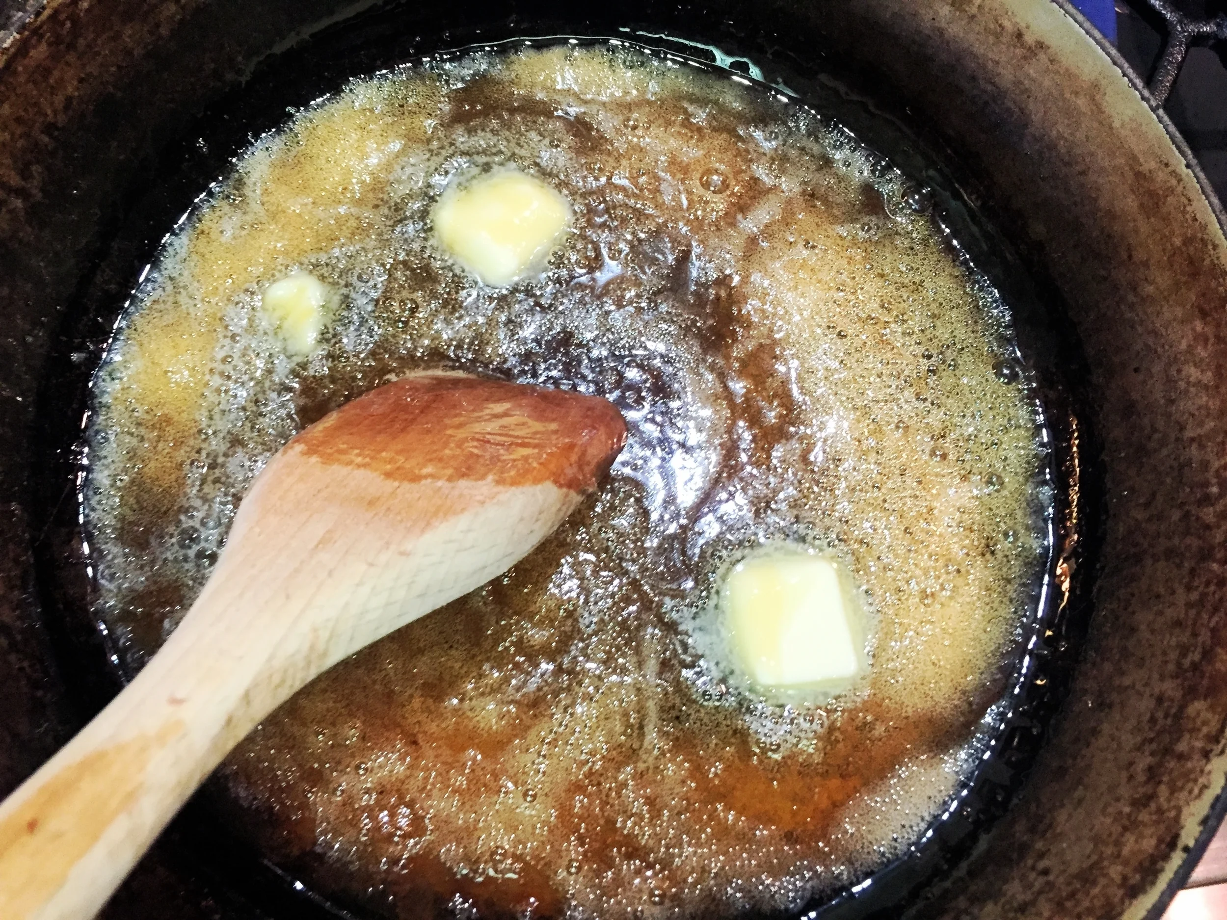 Add butter to make caramel sauce.