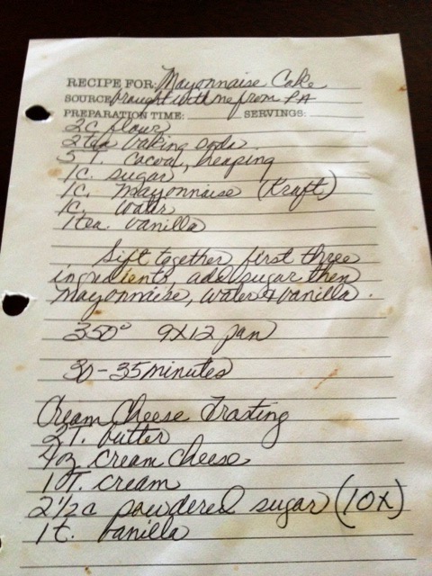 Mom's handwritten recipe that I took a photo of. As you can see it's been well used, and she has noted "brought with me from Pa (Pennsylvania) "