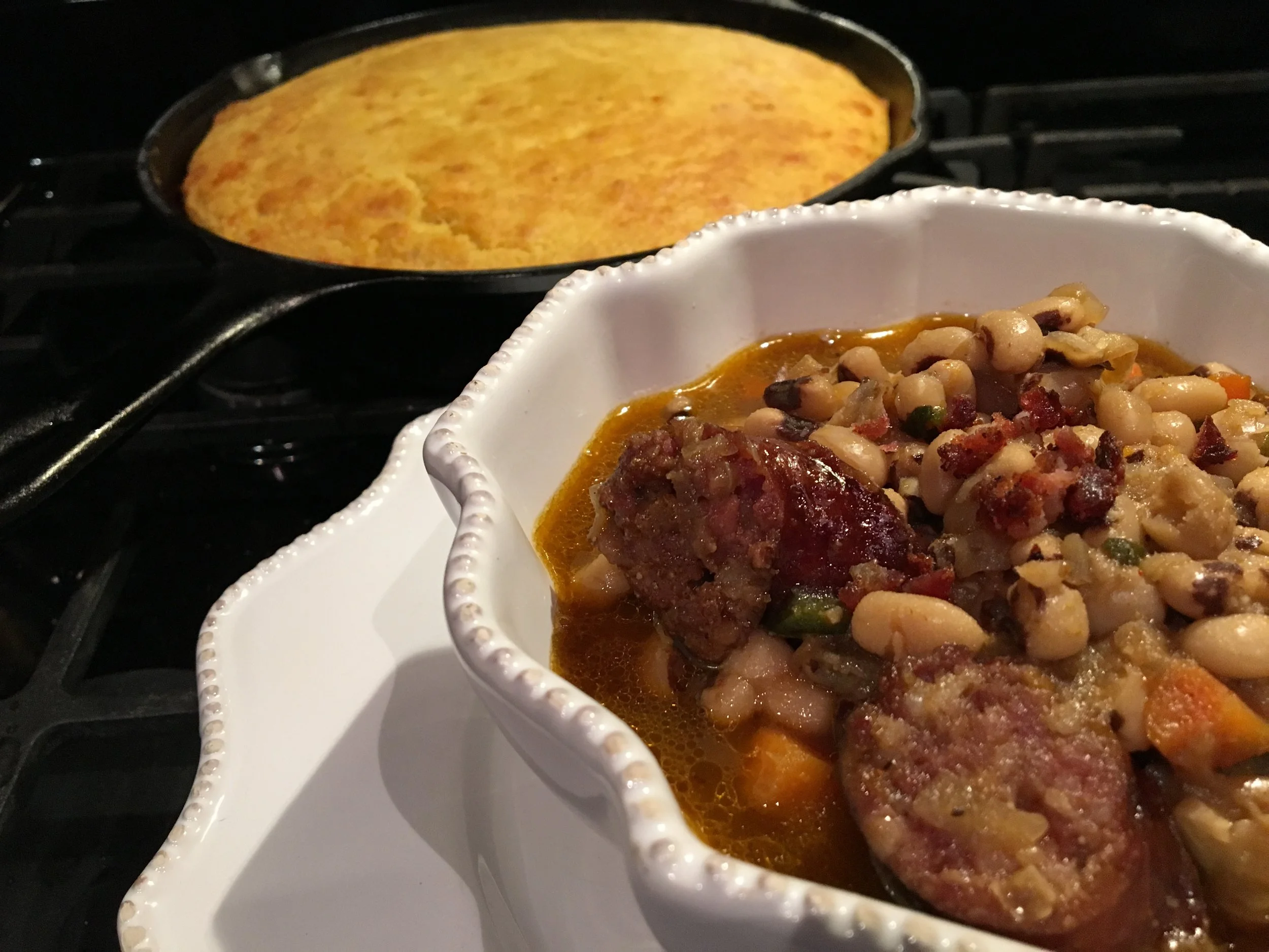 Skillet cornbread with buttery Irish Cheddar is a tru companion to these black-eyed peas! 