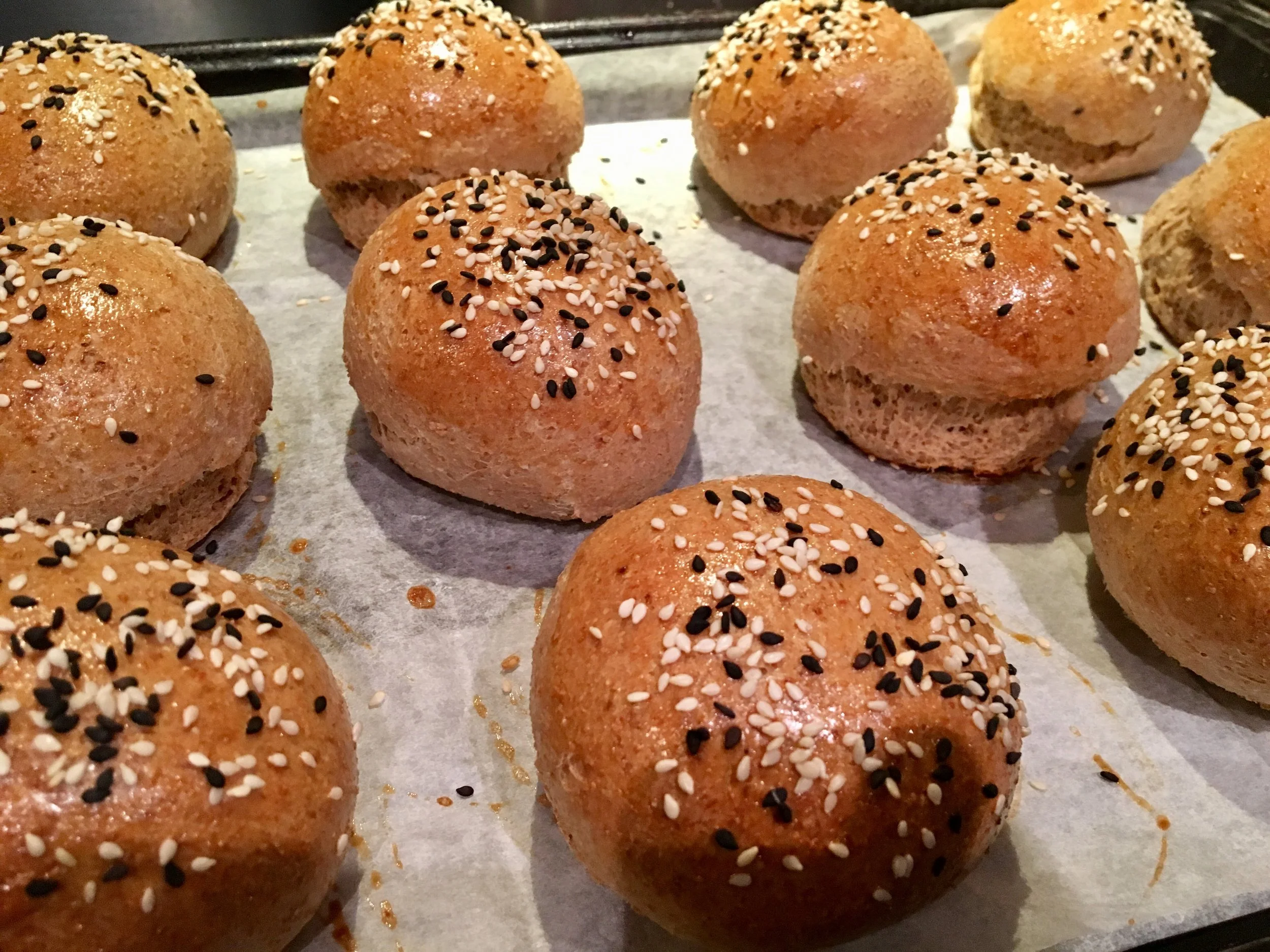Whole Wheat Brioche Buns fresh out of the oven.