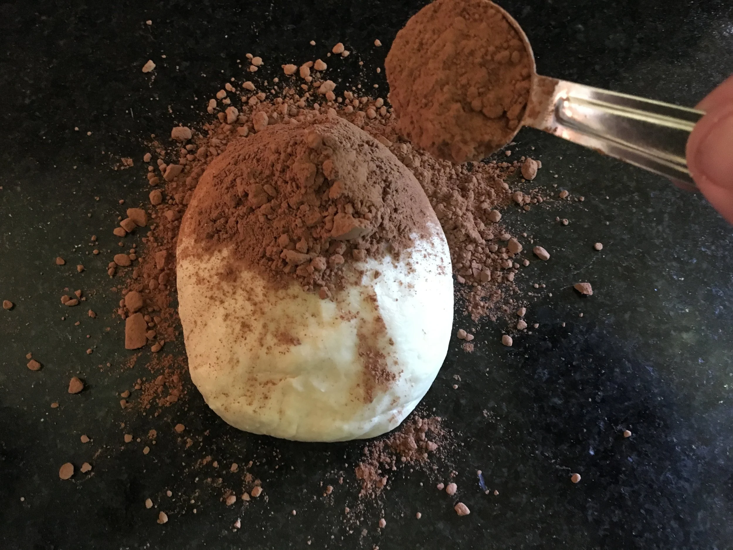 Work in the cocoa powder to the second dough.