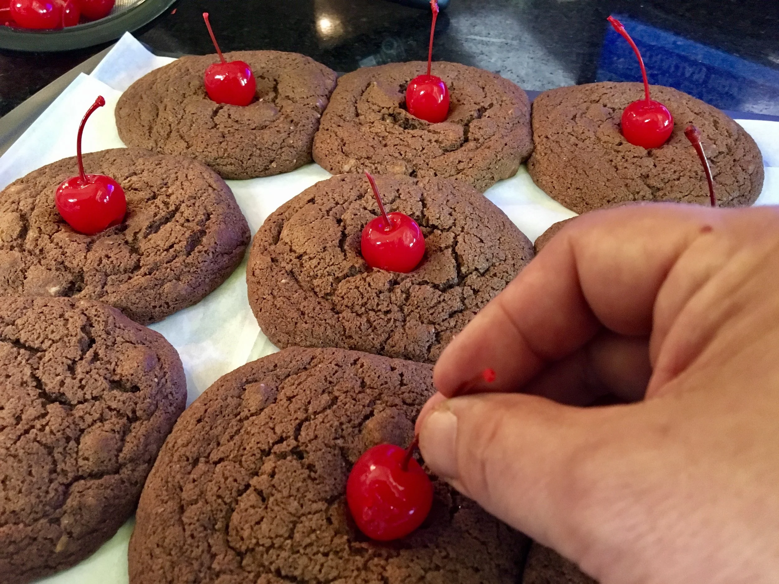 Fresh out of the oven and adding the cherries. 